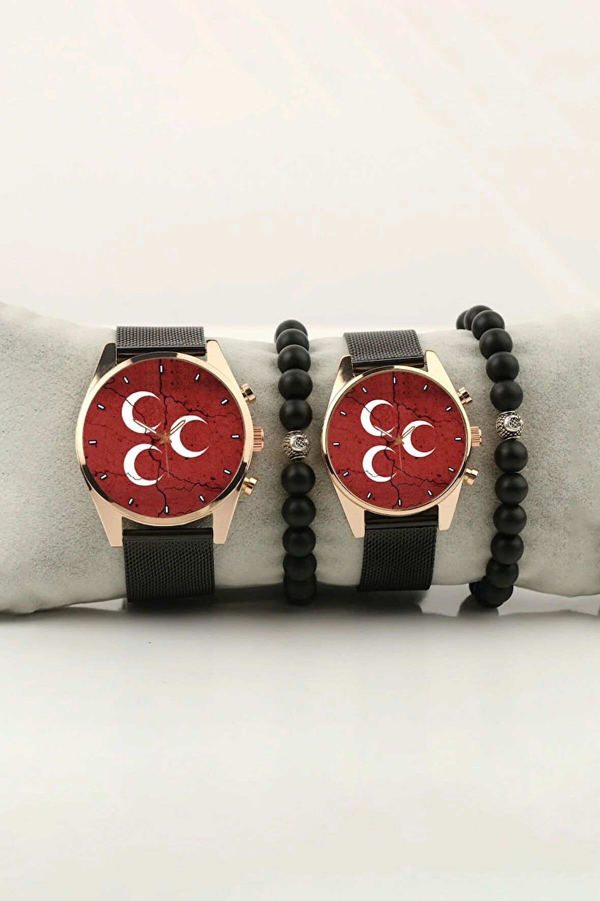 3 Hilal Kırmızı Zemin Tasarım Gold Kasa Çift Kol Saati Set Bileklik Hediye Bay