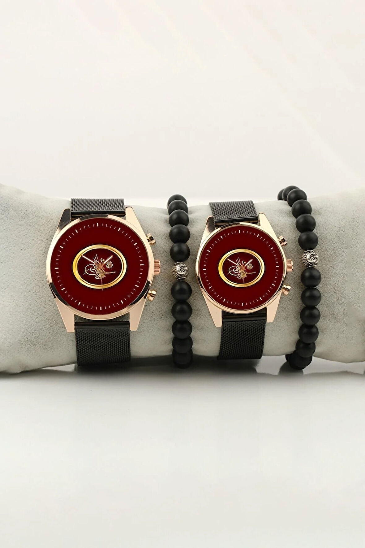 Osmanlı Tuğra Gold Çerçeve Tasarım Gold Kasa Çift Kol Saati Set Bileklik Hediye