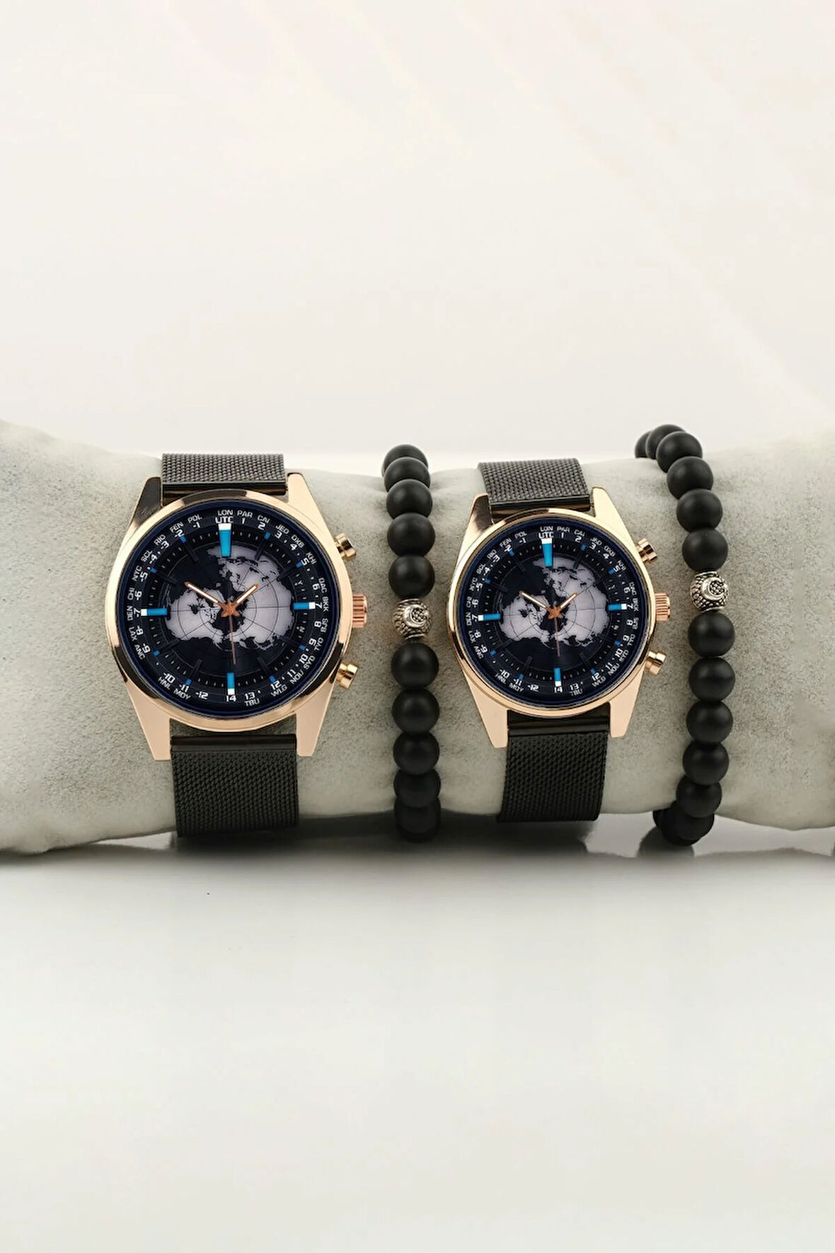 Pusula Dünya Tasarım Gold Kasa Çift Kol Saati Set Bileklik Hediye Bay