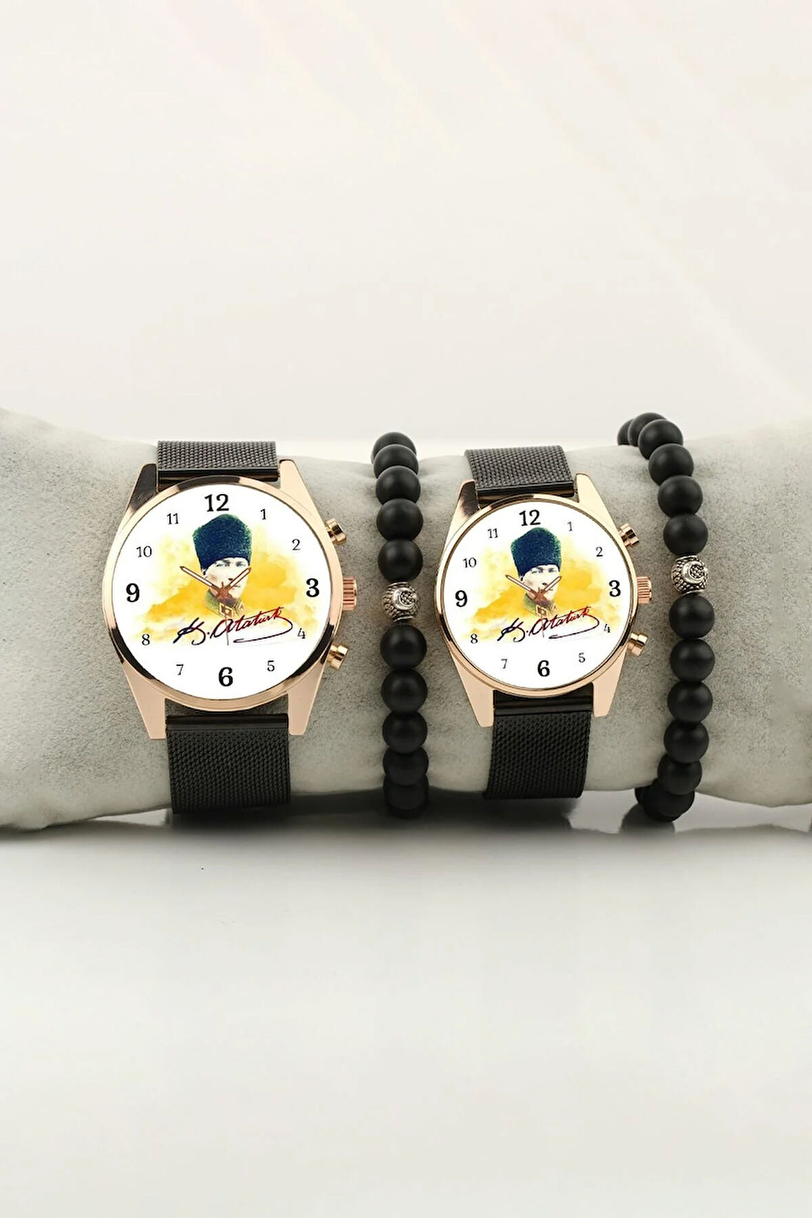 Kemal Atatürk İmza Resim Gold Kasa Çift Kol Saati Set Bileklik Hediye