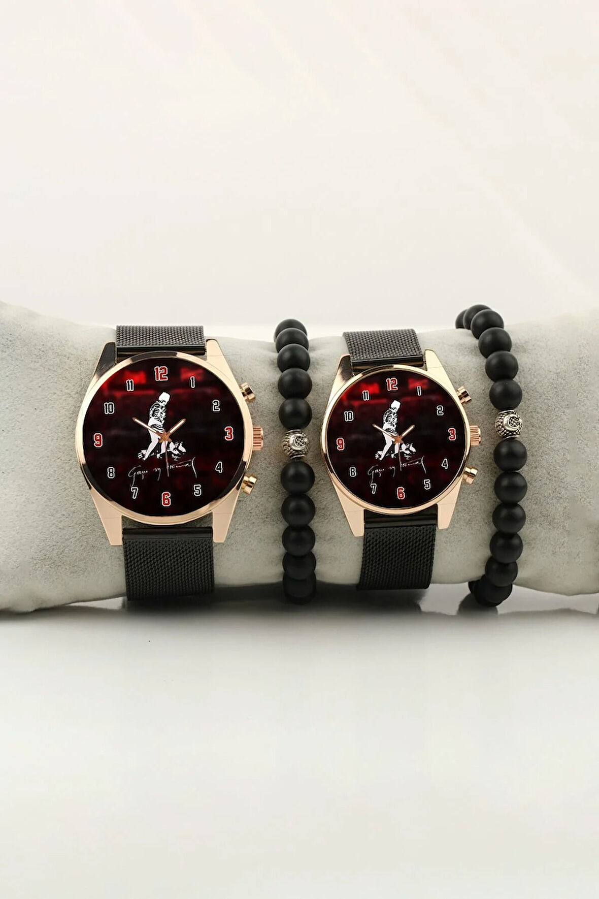 Gazi Mustafa Kemal Atatürk Resim Gold Kasa Çift Kol Saati Set Bileklik Hediye