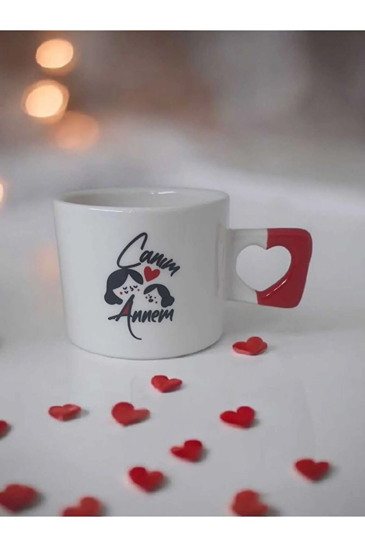 Canım Annem Yazılı Anne Kız Figürlü El yapımı Seramik Kırmızı Kalp Kupa Mug Bardak Çay/Kahve Fincanı