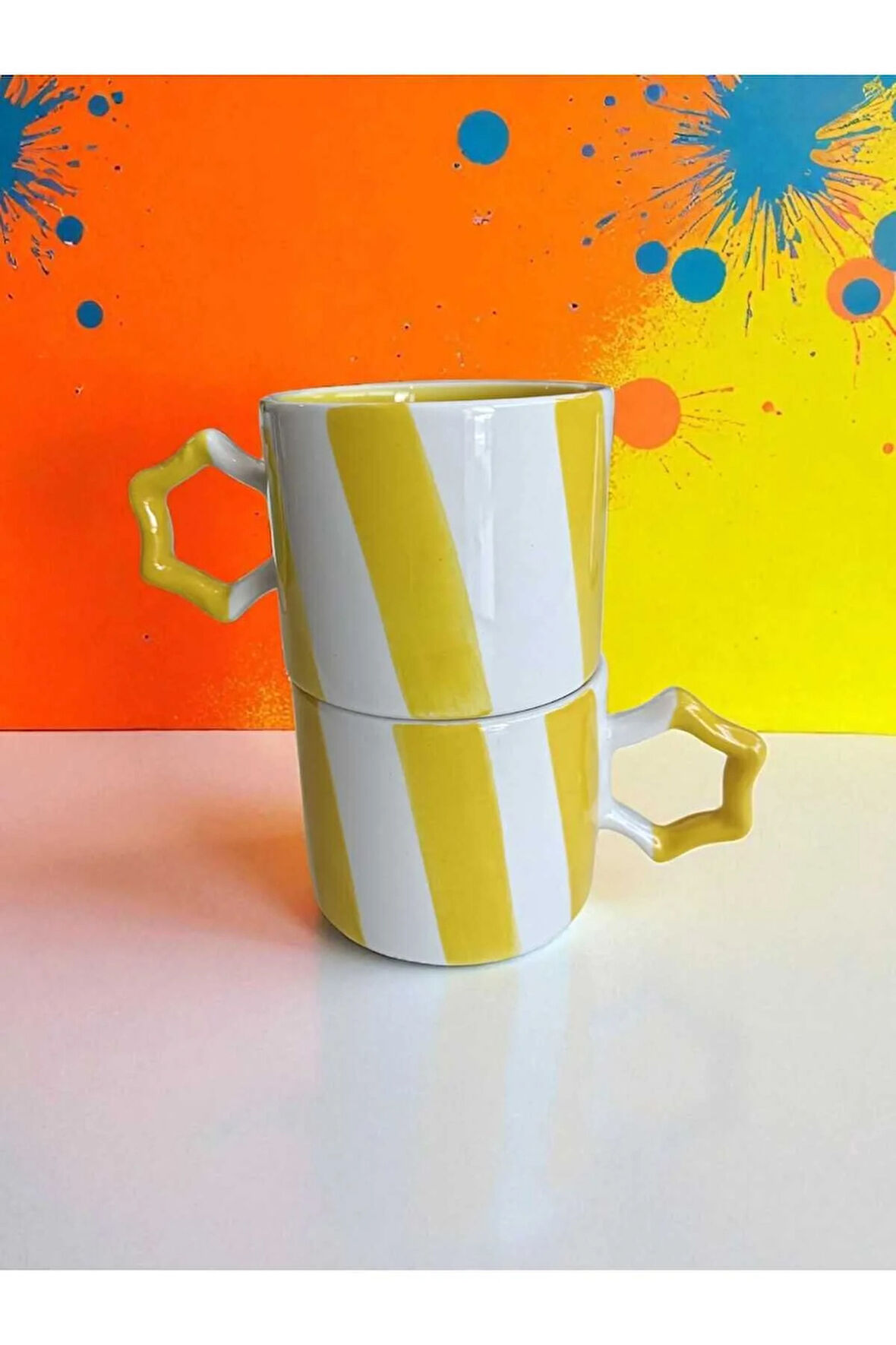 2 li El İşi Şeritli İki Renk Doğal Seramik Mug Kupa Çay / Cappuccino Fincanı