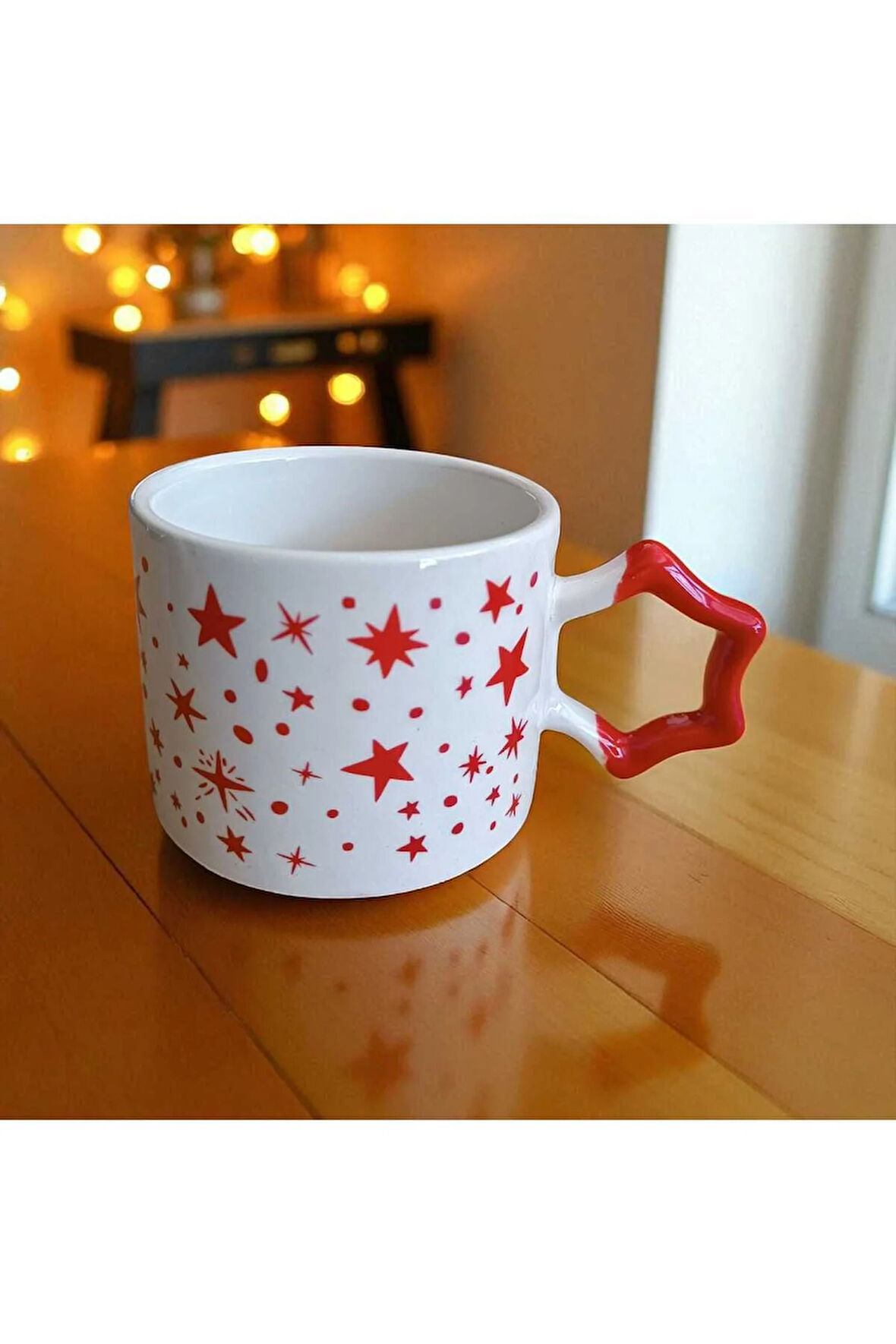 Kırmızı Yıldızlar Desenli Yıldız Kulplu El Yapımı Doğal Seramik Mug Kupa Çay Cappuccino Fincanı