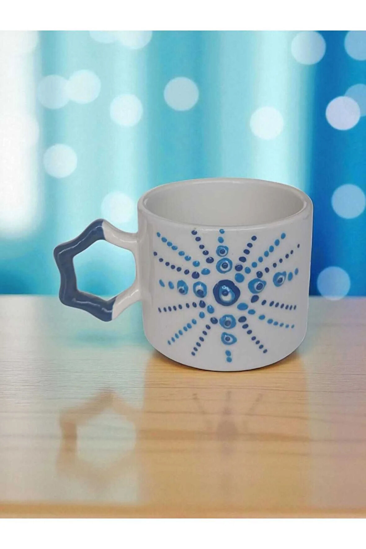 Nazar Boncuğu Işlemeli Lacivert Yıldız Kulp El Işi Doğal Seramik Mug Kupa Çay/ Cappuccino Fincanı