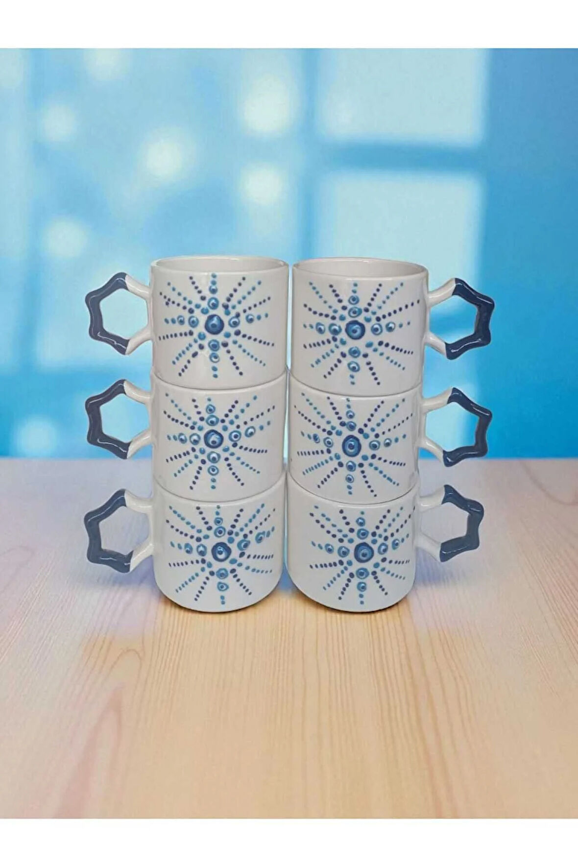 6'lı Nazar Boncuğu İşlemeli Lacivert Kalp Kulp El İşi Doğal Seramik Mug Kupa Çay/Cappuccino Fincanı