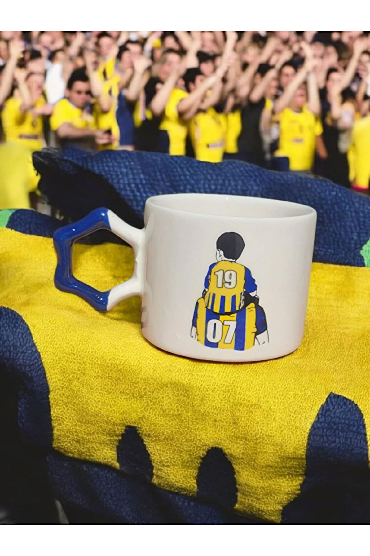 Taraftar Baba Oğul Sarı Lacivert Yıldız Kulplu El Yapımı Seramik Mug Kupa Çay Cappuccino Fincanı