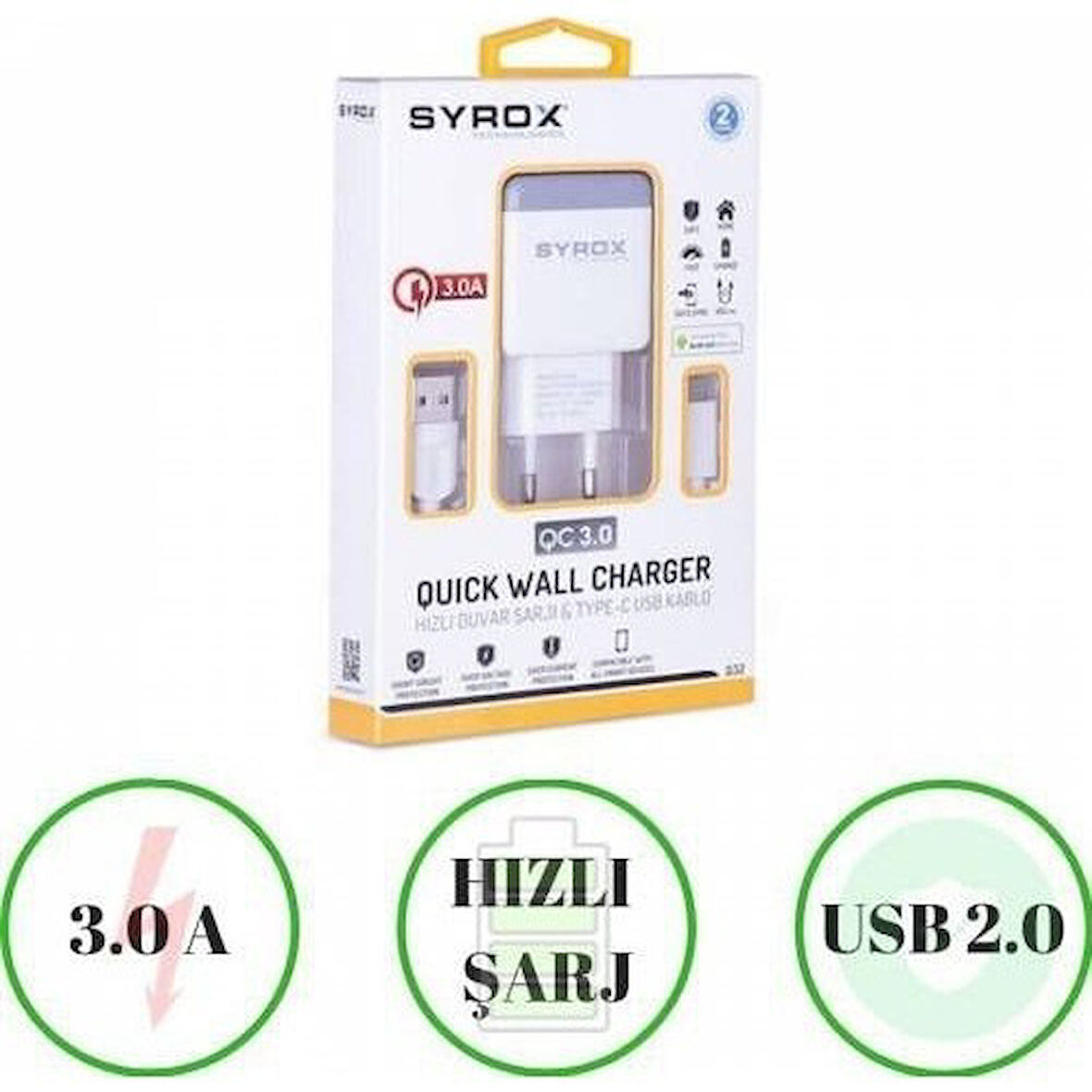 HHM_ Teknosa Preo P2 Uyumlu Type-C Girişli Hızlı Şarj Aleti Cihazı Adaptör+Kablo 3.0A Q32