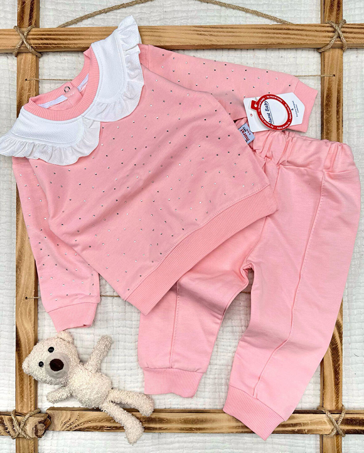 Kız Bebek Taşlı Bebe Yaka Pamuklu 2'Li Takım
