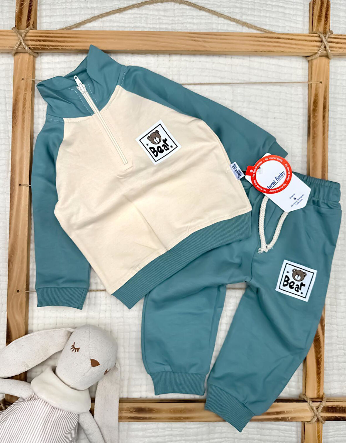 Erkek Bebek Bear Önde Fermuarlı Pamuklu Alt Üst Takım