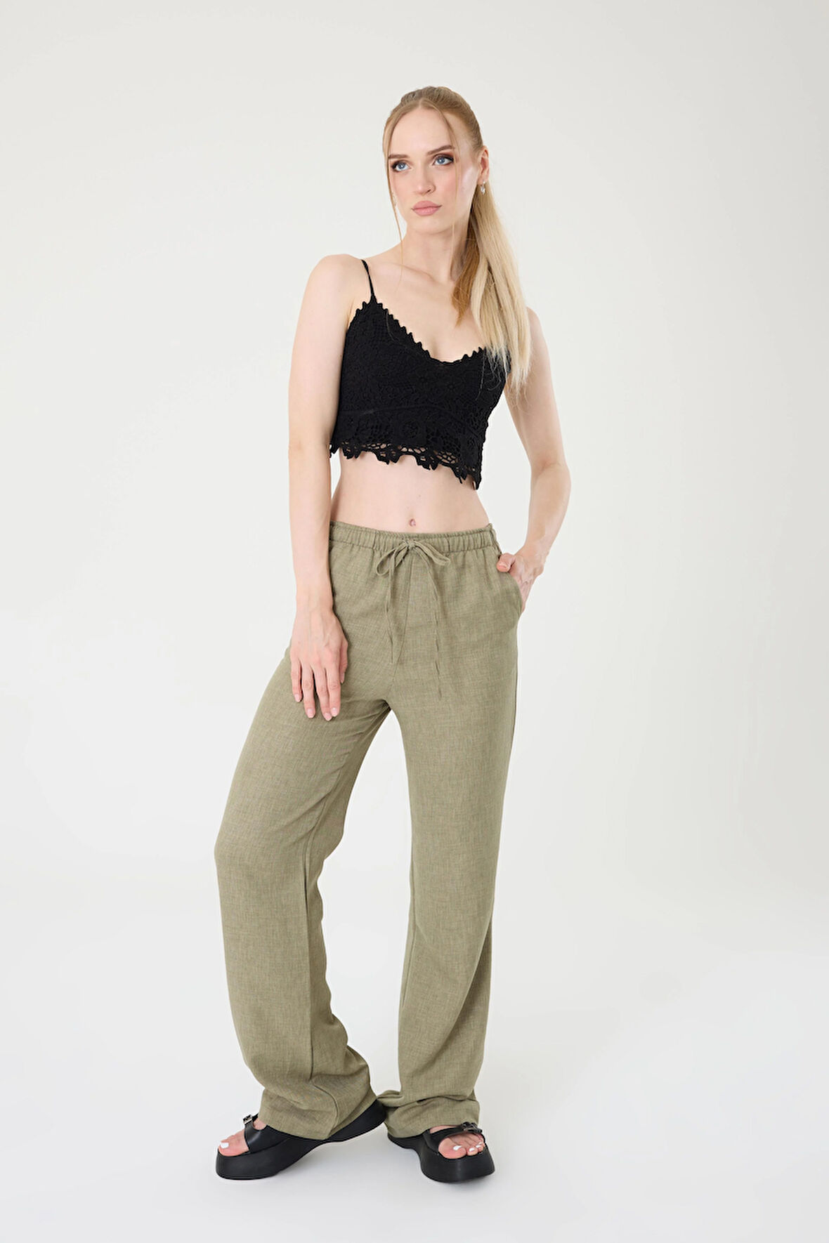 Kadın Haki Keten Karışımlı Bol Kesim Pantolon