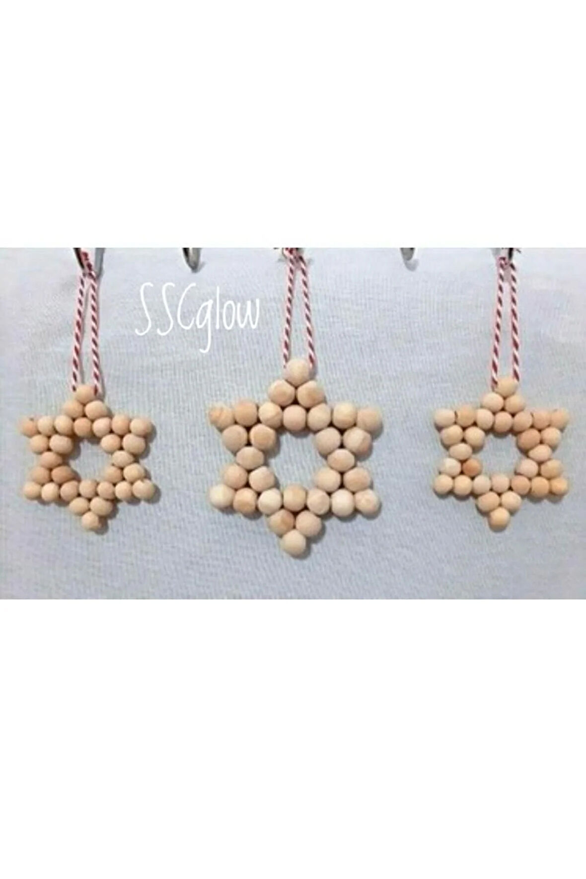 Dekoratif Ahşap Boncuklu Yıldız Kırmızı İpli  3'lü Set