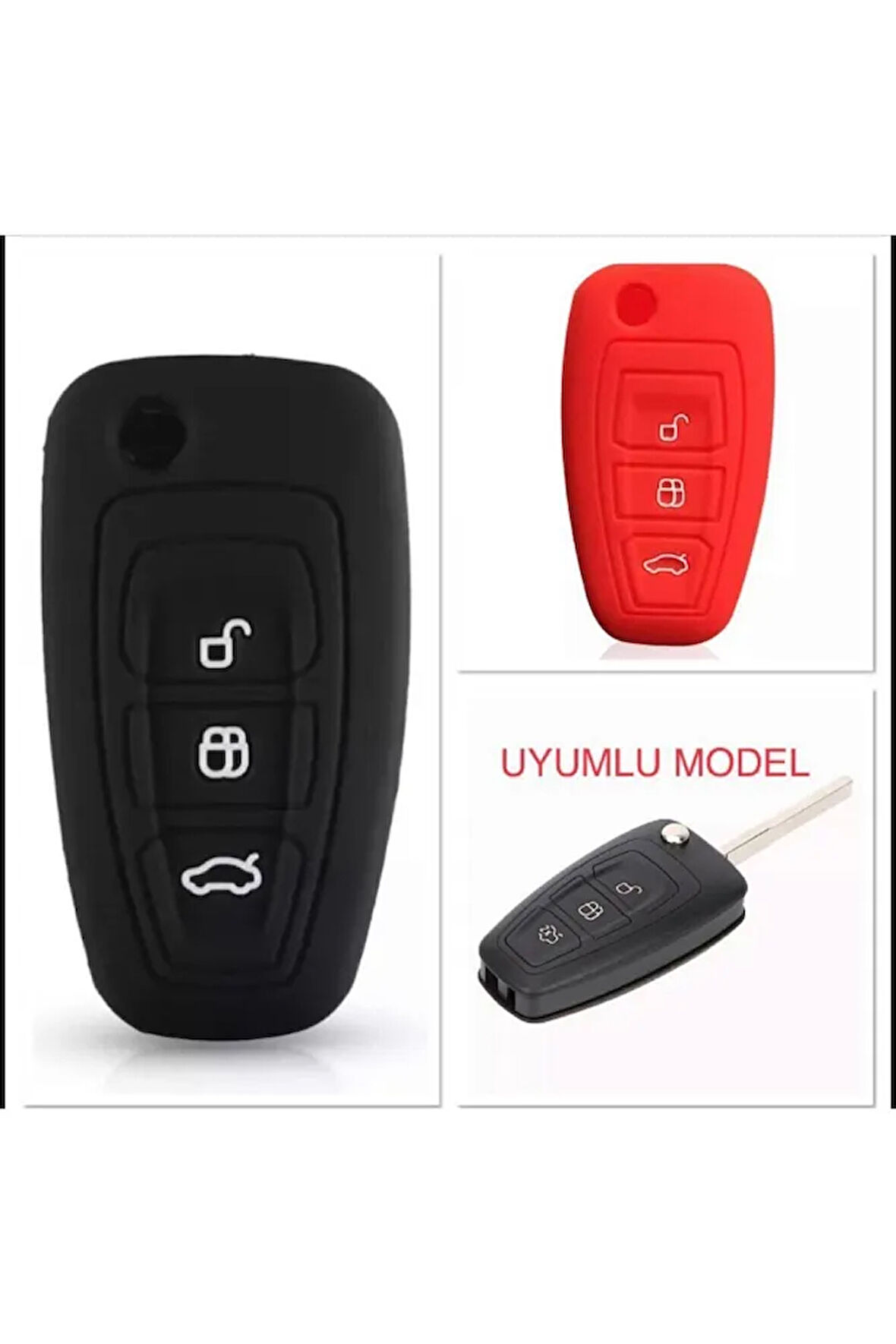 2 Adet Fiesta Kuga Focus C-max Silikon Anahtar Koruma Kılıfı (sustalı) Siyah Ve Kırmızı Renk