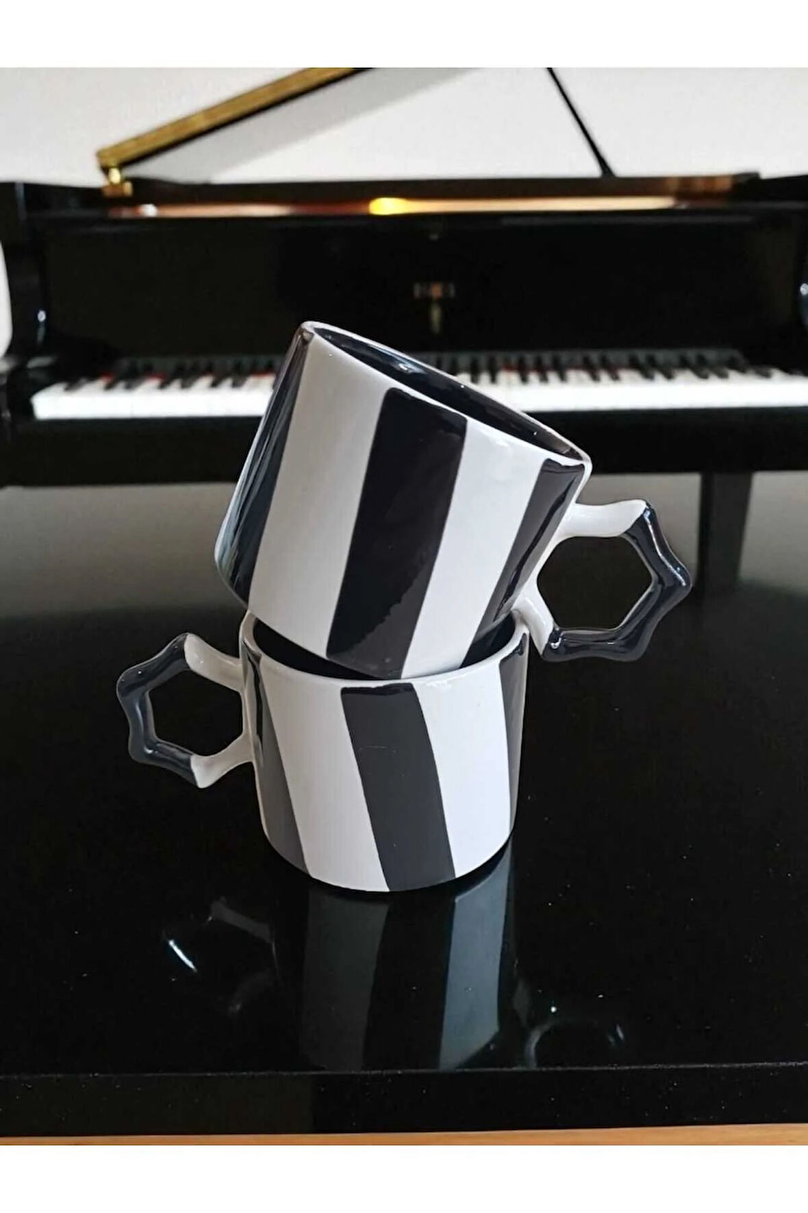 2 li El İşi Şeritli İki Renk Doğal Seramik Mug Kupa Çay / Cappuccino Fincanı