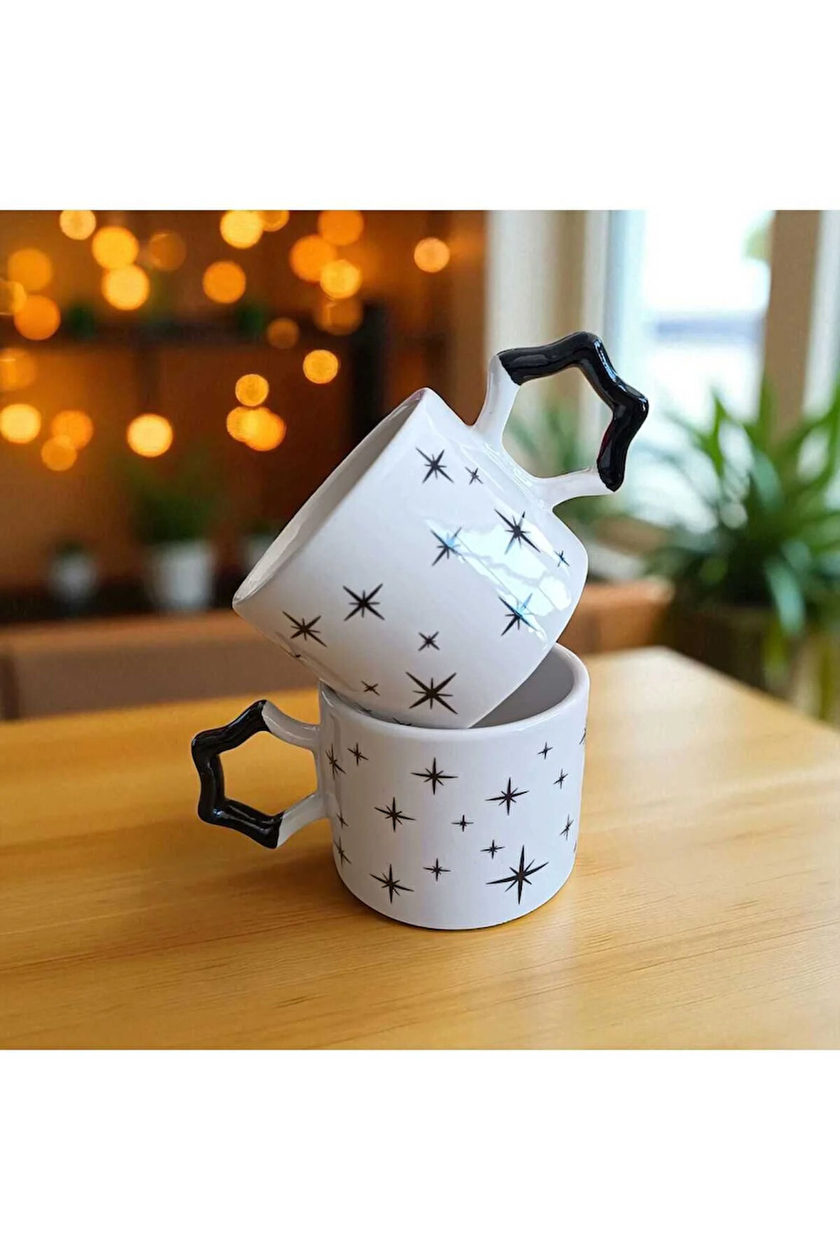 2 li Siyah Zarif Yıldızlar Desenli Yıldız Kulplu El Yapımı Seramik Mug Kupa Çay Cappuccino Fincanı