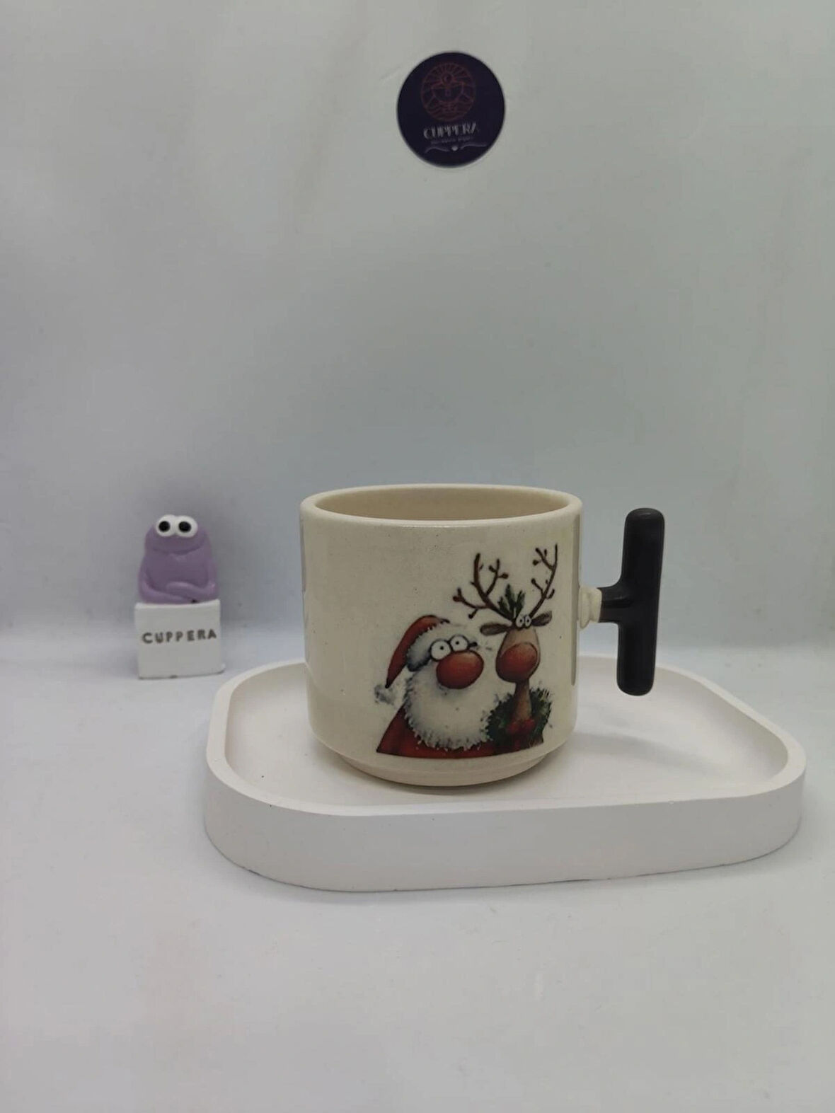 Siyah Saplı, Sevimli Yılbaşı Desenli 150 ML Seramik Kupa (2 ADET)