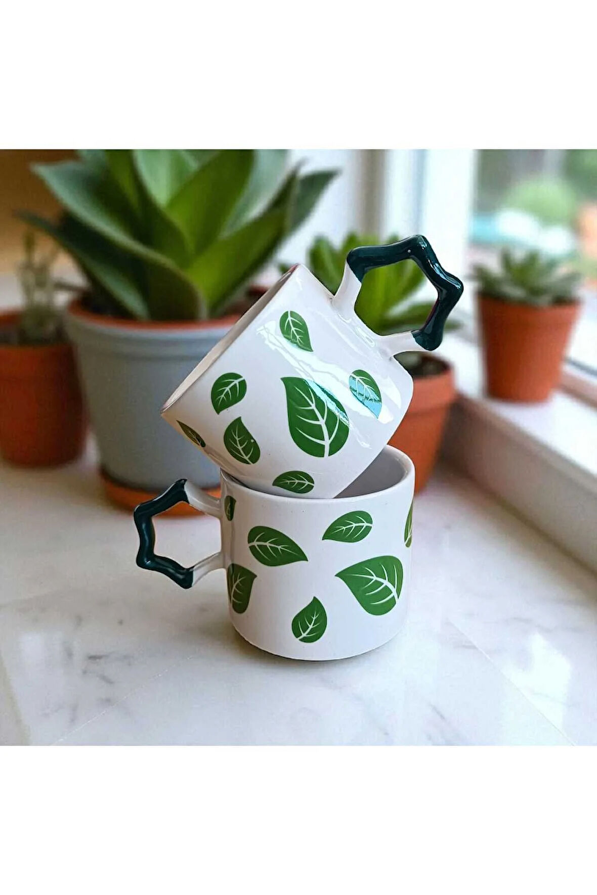 2 li Yeşil Yapraklar Desenli Yıldız Kulplu El Doğal Yapımı Seramik Mug Kupa Çay Cappuccino Fincanı