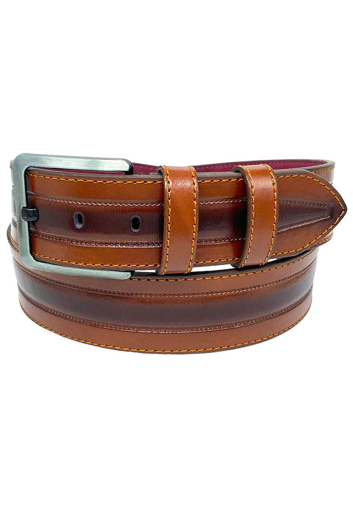 4.5 cm. Spor Suni Deri Dikişli Model Erkek Kemer Taba