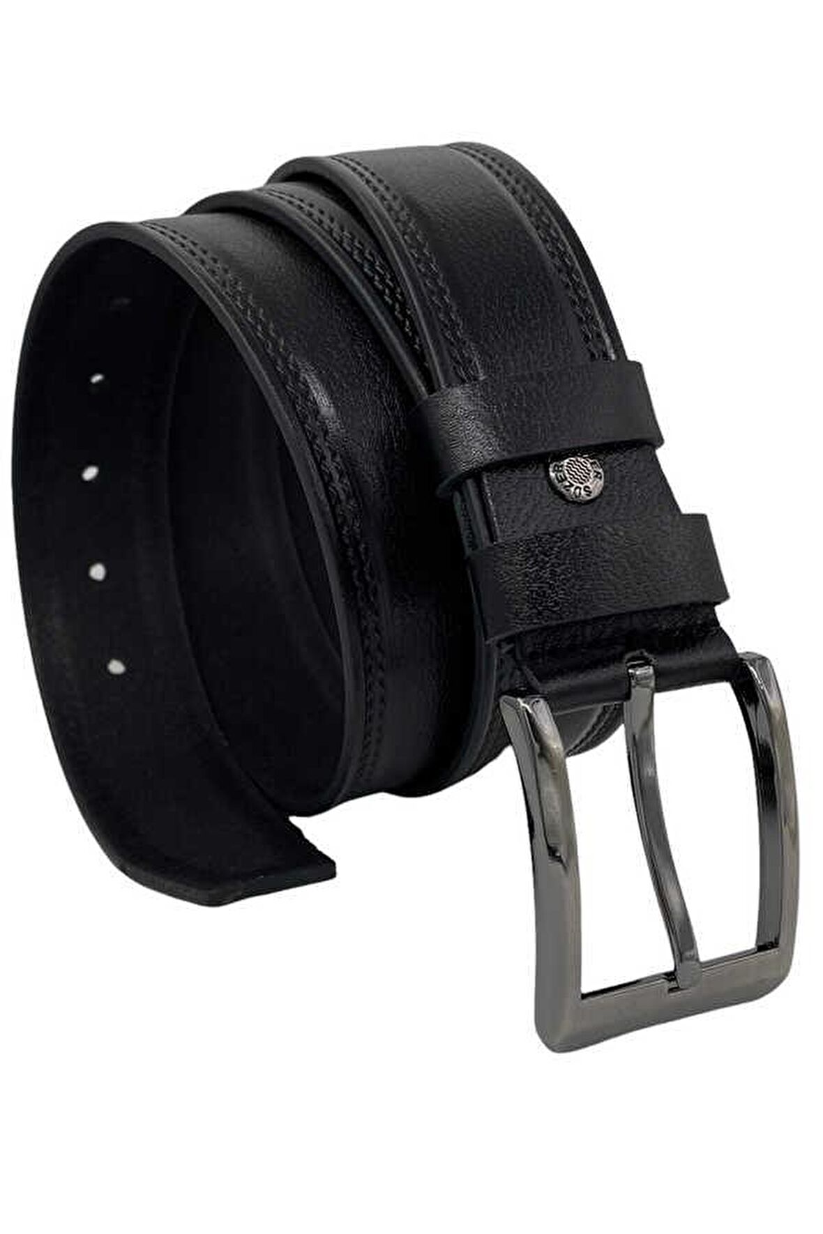 4 cm.lik Spor Hakiki Deri Desenli Çift Dikişli Kot Kemer Siyah 