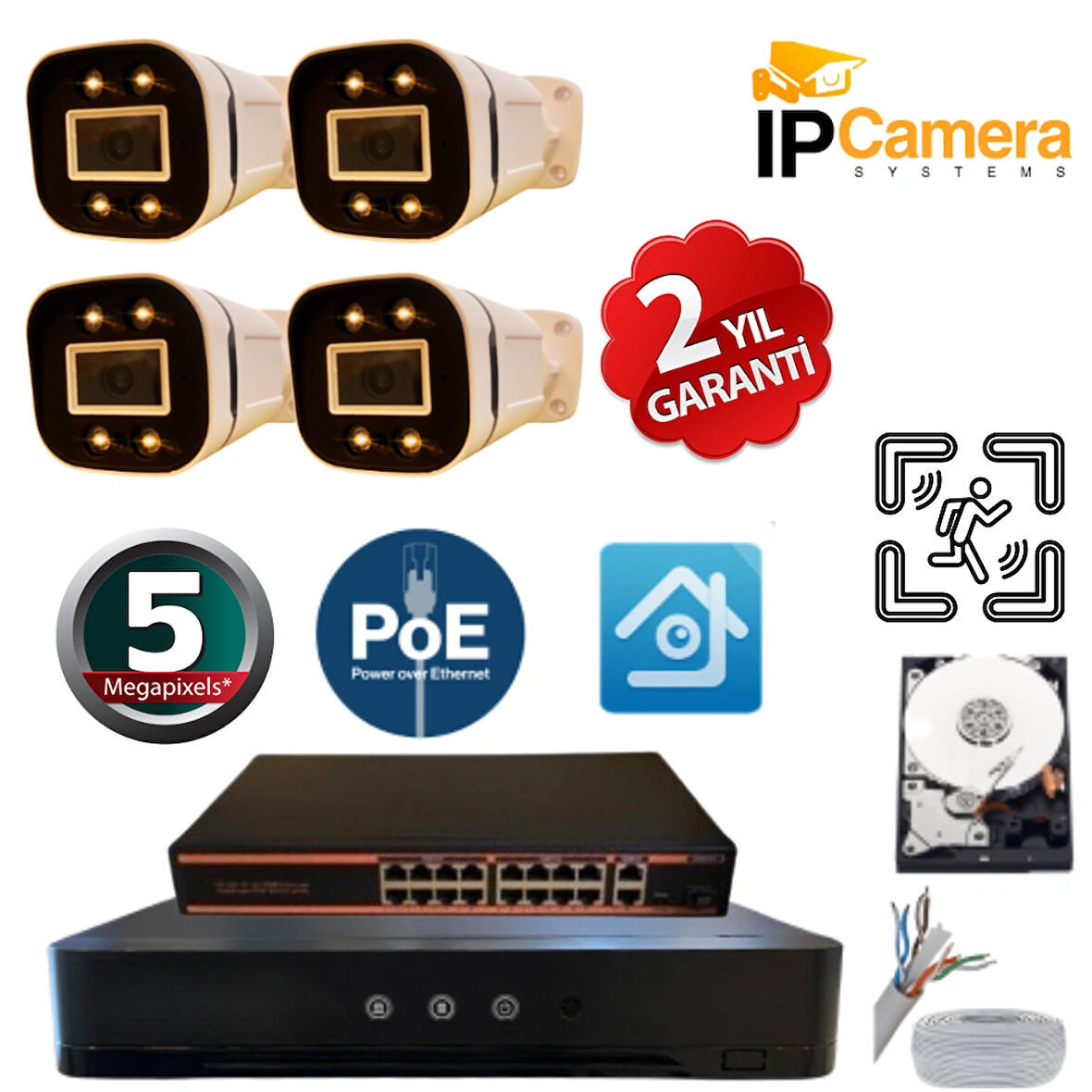5MP 1440p Warm Led 4 Kameralı 1 TB Harddisk Dahil IP Poe Güvenlik Kamerası Seti - ST-541TW