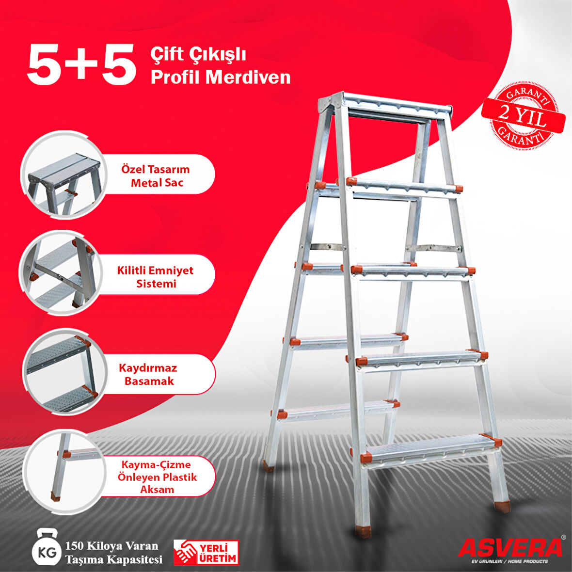 Safir Serisi - 5+5 Basamaklı Çift Çıkışlı Galvanizli Profil Merdiven (Ev, bahçe, işyeri için uygun)