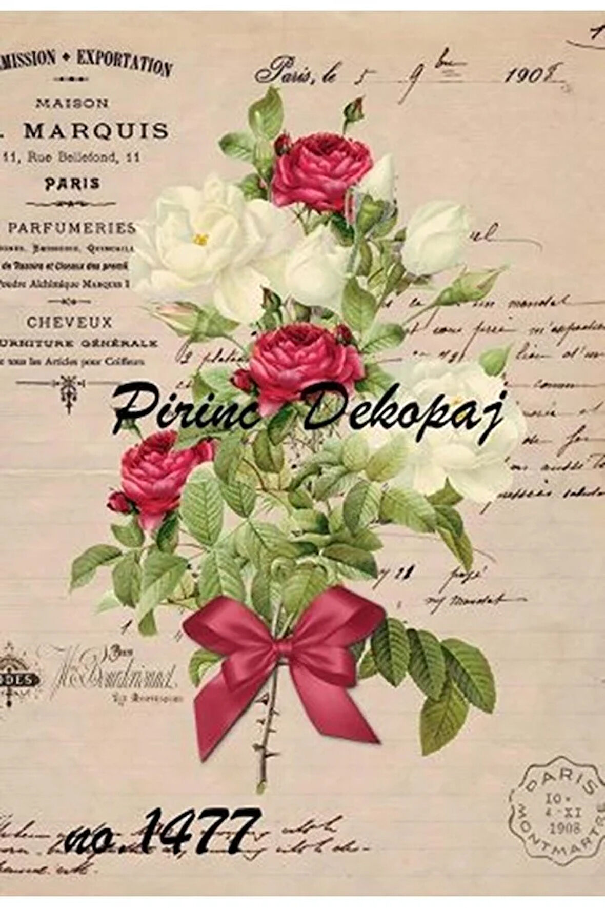 1477 Kırmızı Beyaz Güller Ve Fiyonk Pirinç Dekopaj 30x42