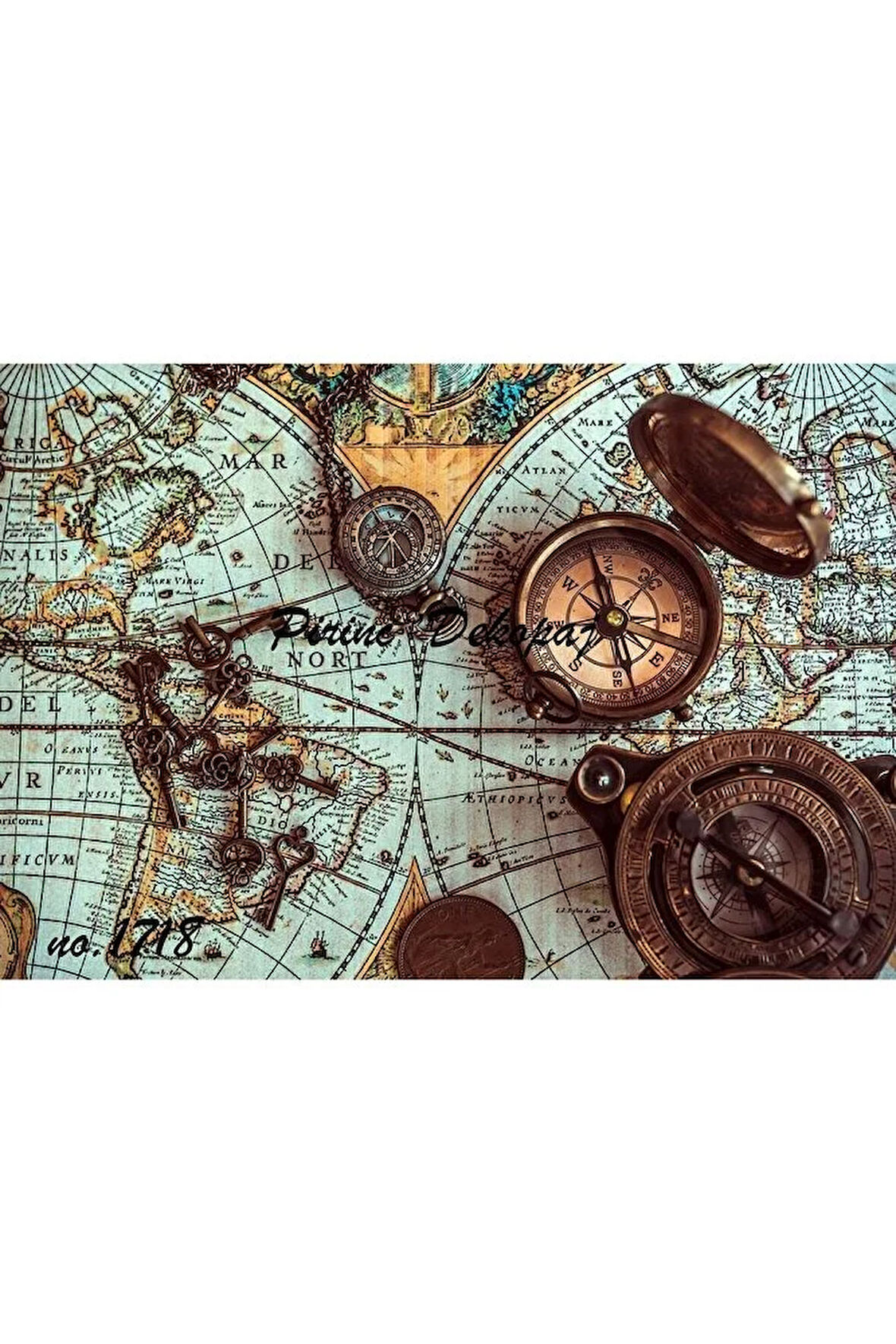 1718 Pusula, Dünya Haritası Pirinç Dekopaj 30x42