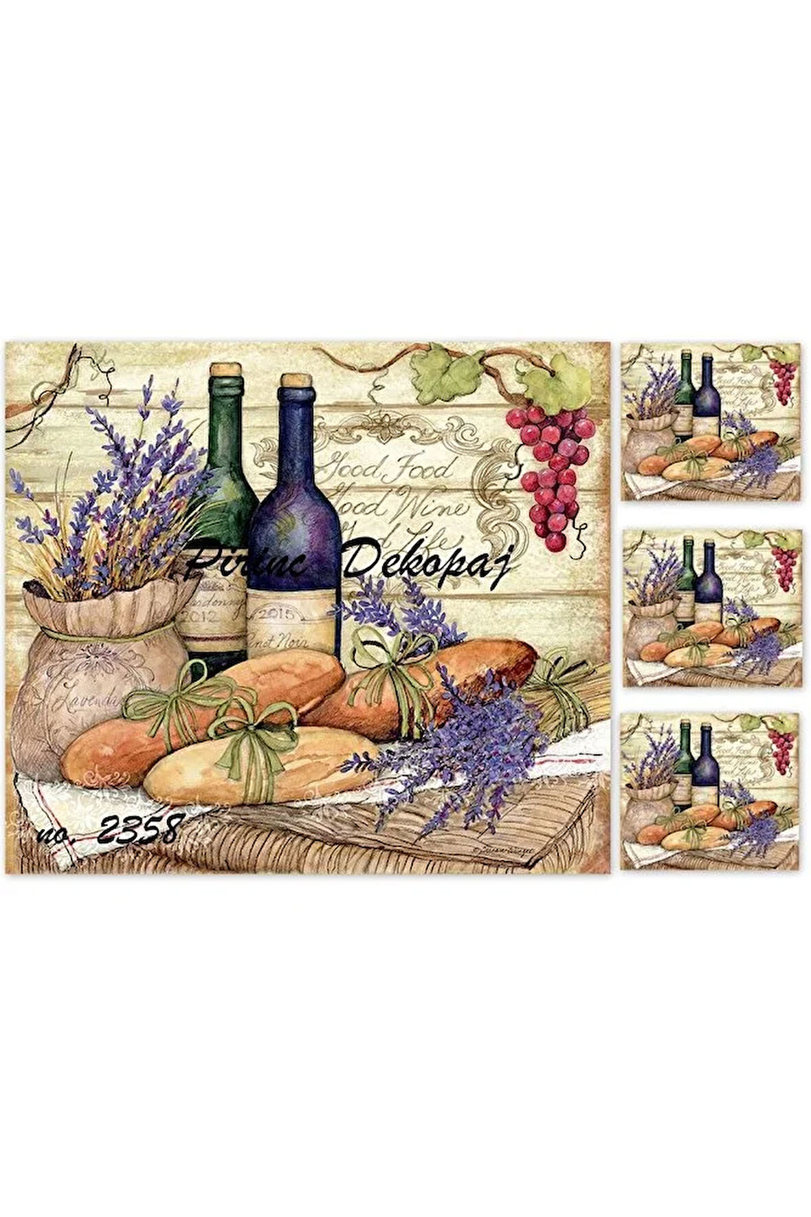 2358 Şarap Şişeleri, Üzüm, Ekmek, Lavanta Pirinç Dekopaj 30x42
