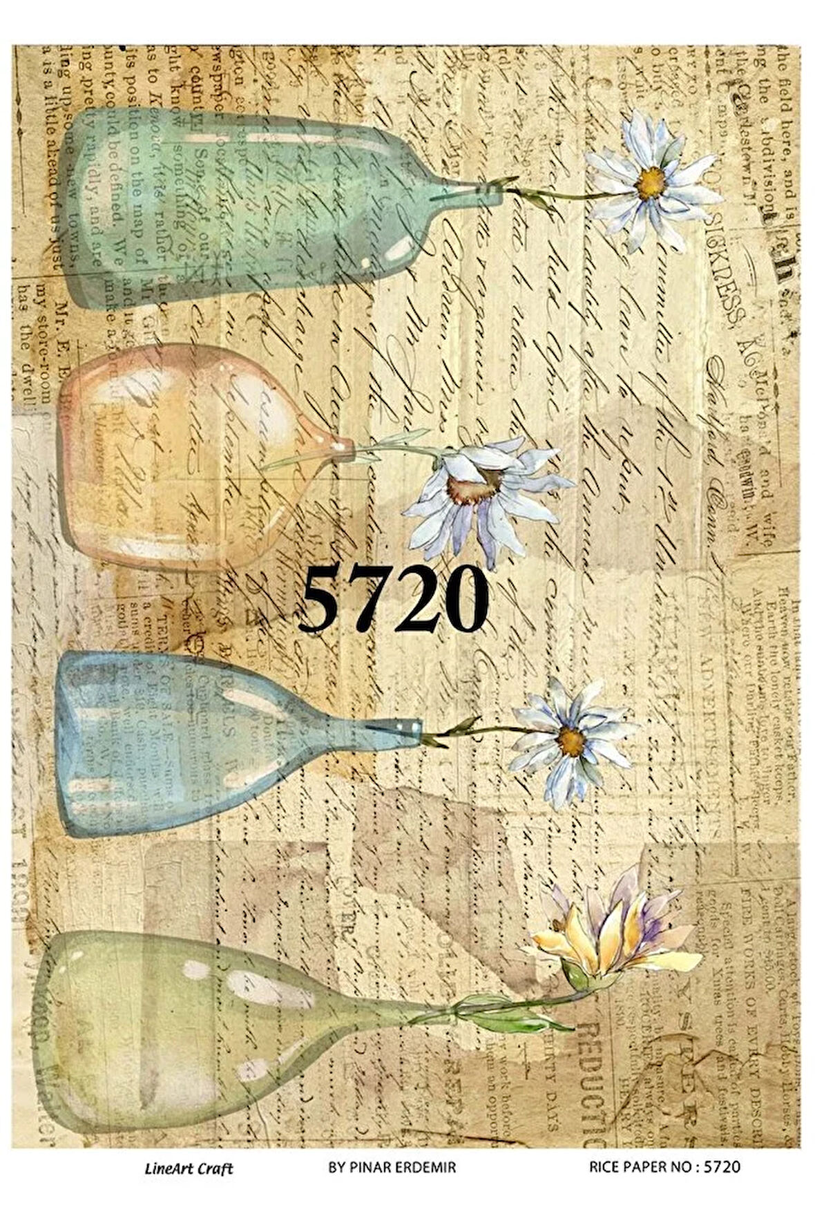 5720 Cam Şişede Çiçekler Ve Yazı Desen Pirinç Dekopaj 30x42