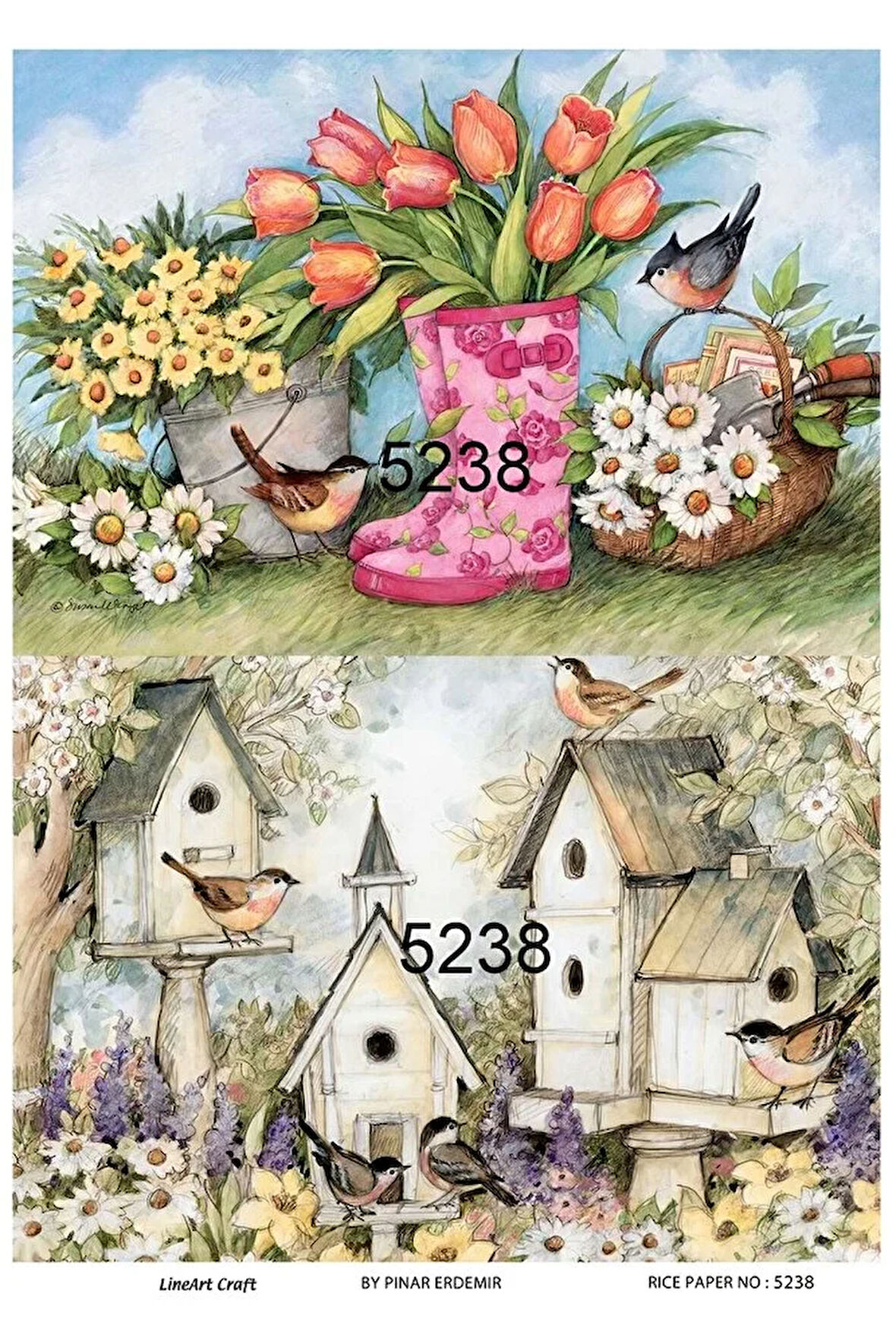 5238 Yağmur Botları, Çiçekler, Kuşlar, Kuş Evleri Desen Pirinç Dekopaj 30x42