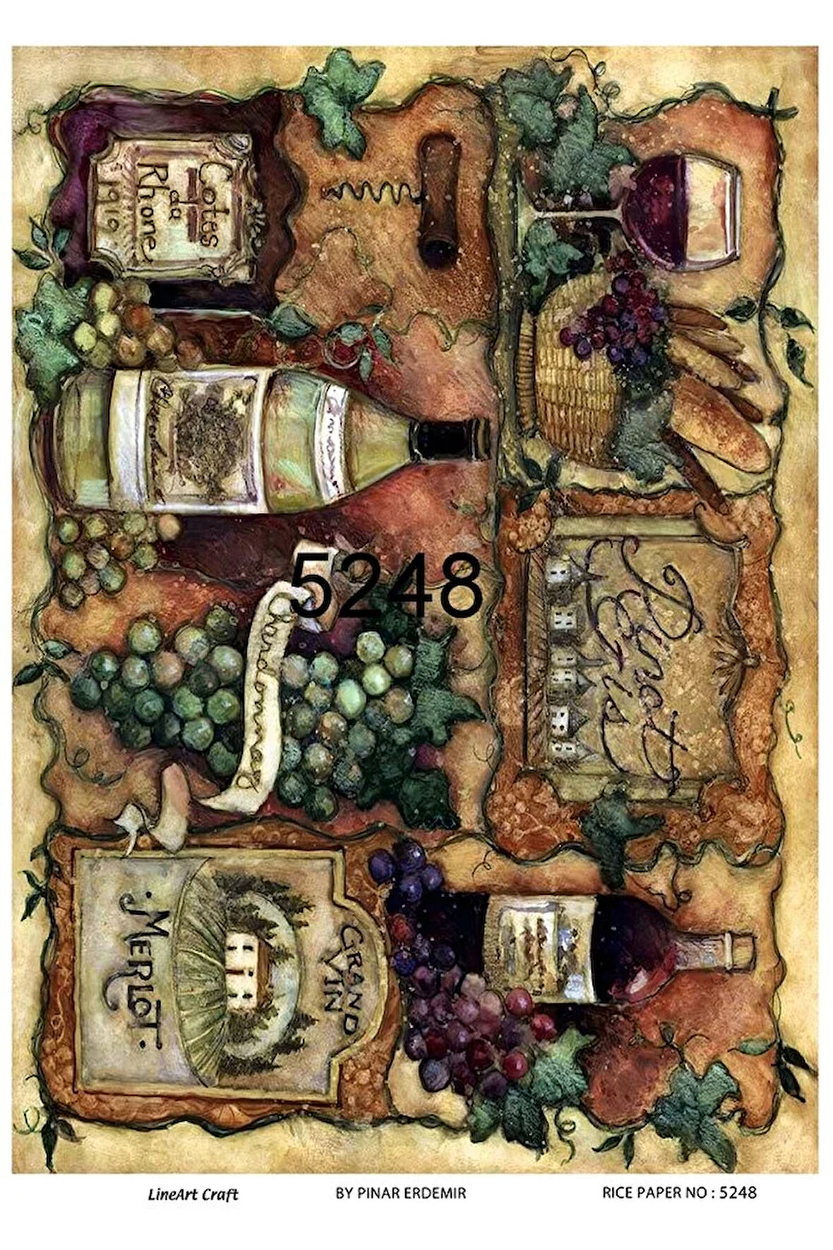 5248 Üzüm Salkımları, Şişeler, Merlot Desen Pirinç Dekopaj 30x42