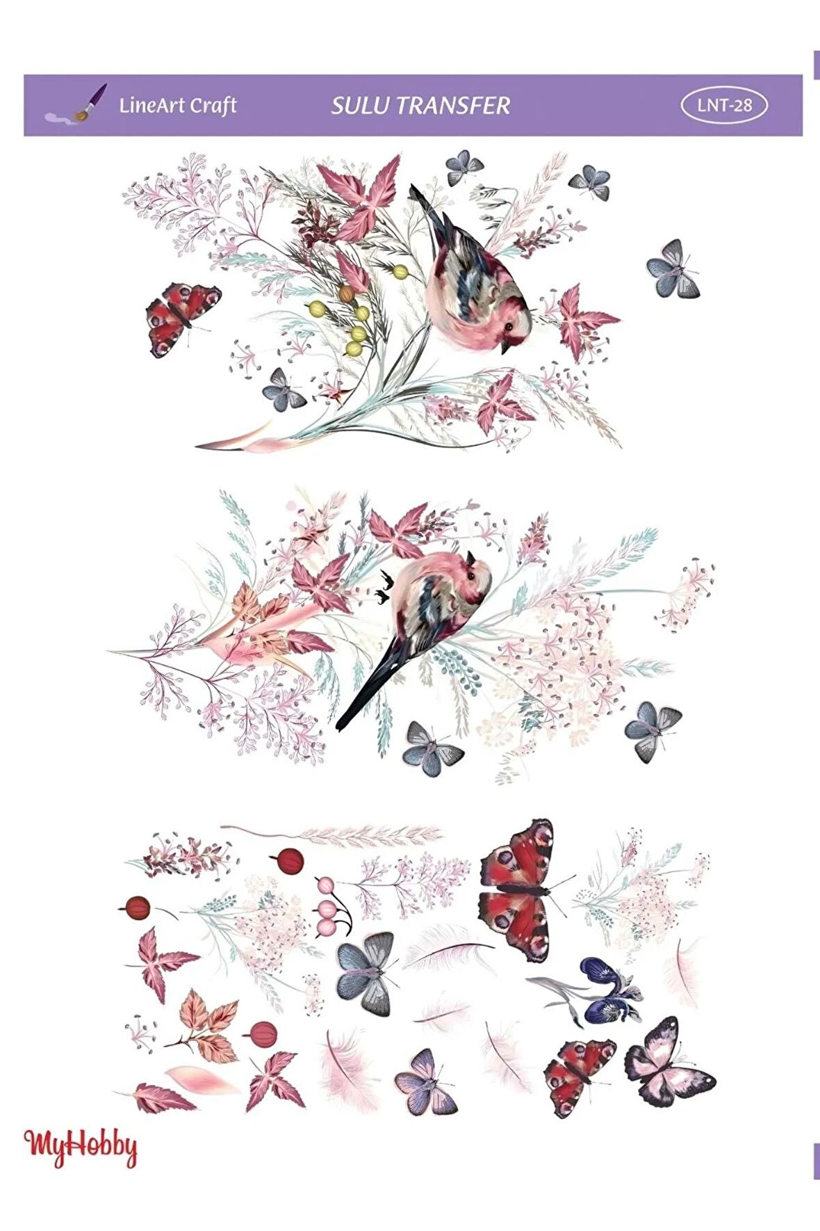 Lineart Kuş, Çiçek, Kelebek Desenli Sulu Transfer Lnt-28 25x35