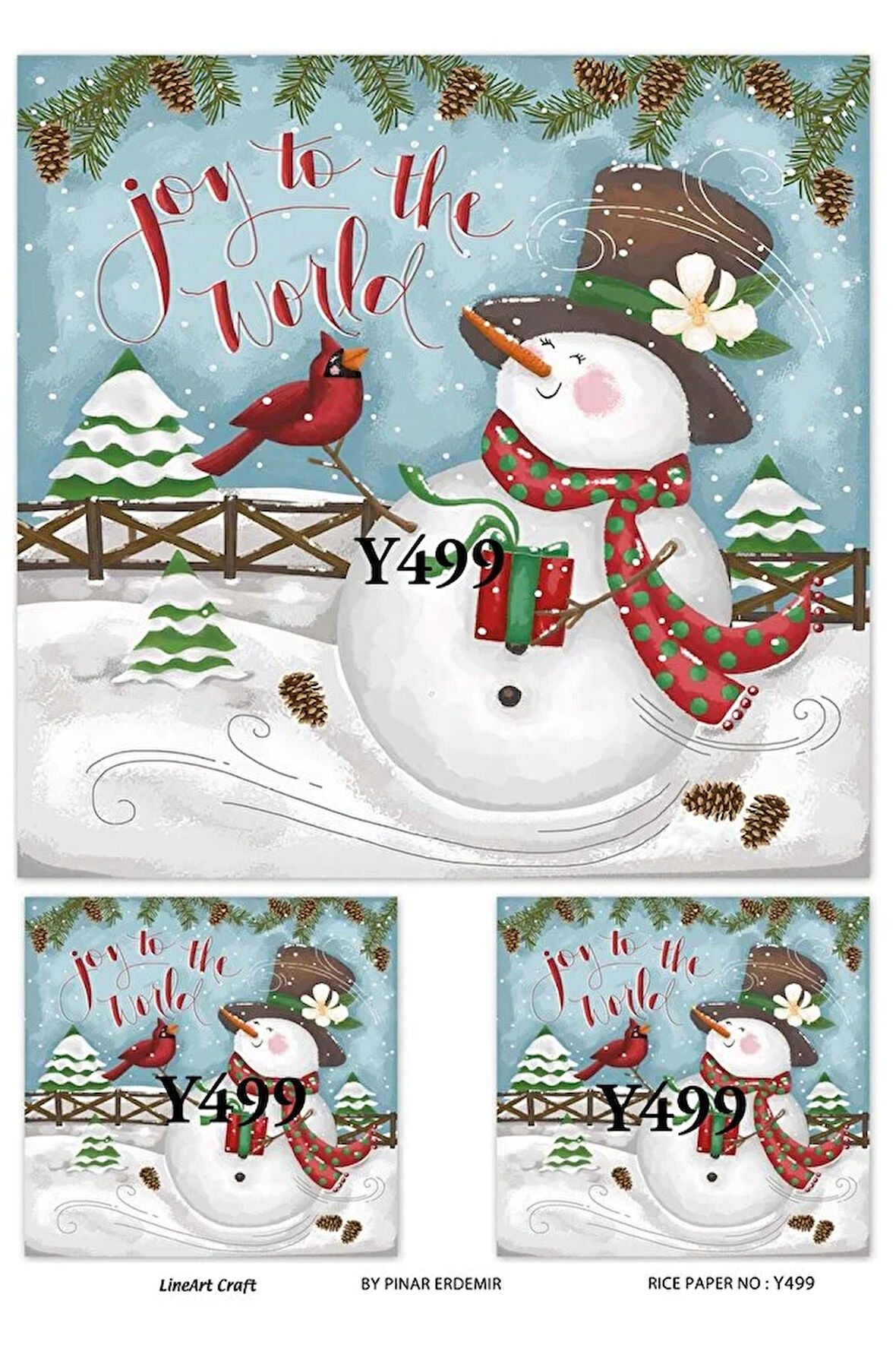 Y499 Joy To The World, Kardan Adam, Kırmızı, Yeşil Desenli Pirinç Dekopaj 30x42