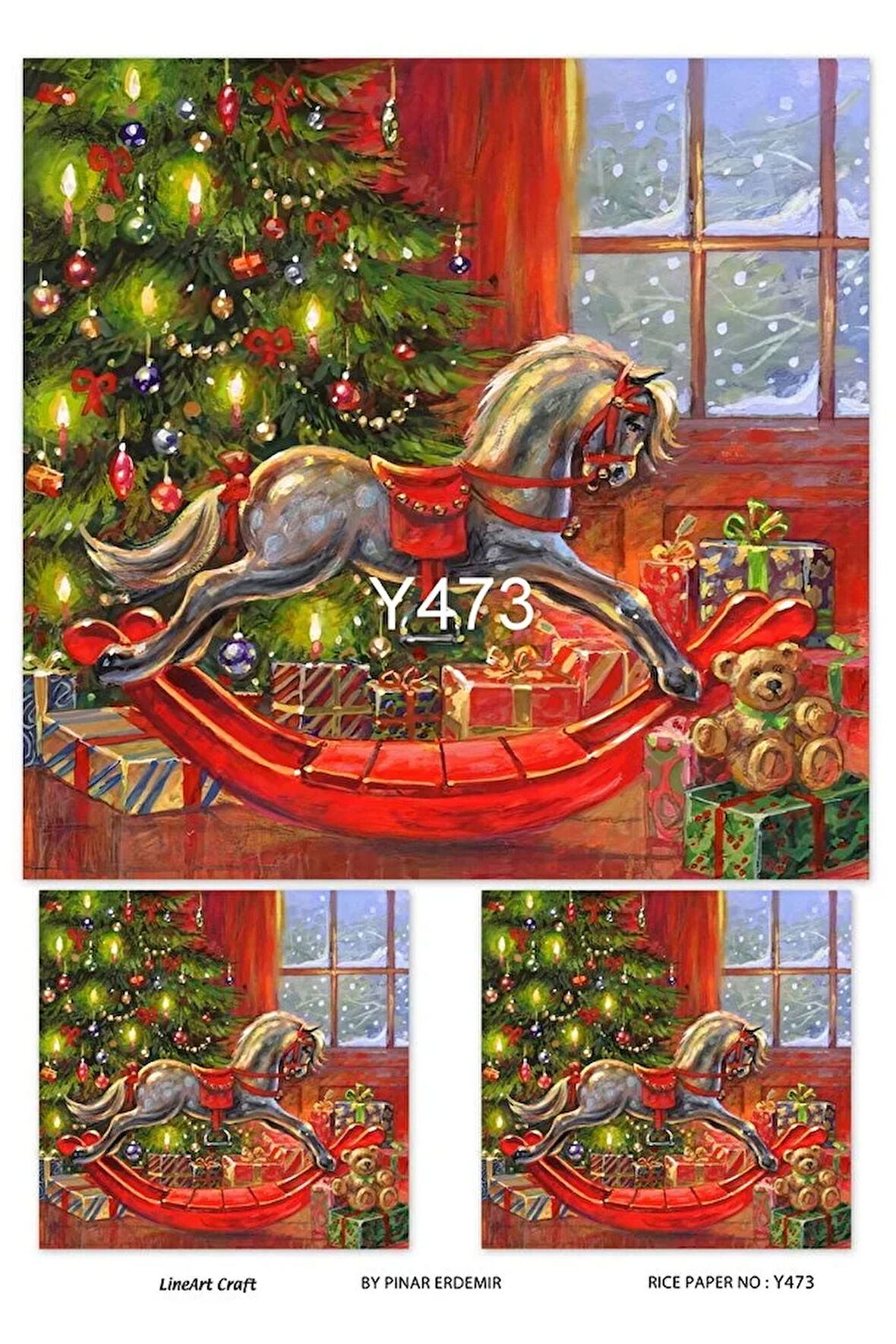 Y473 Atlı Karınca, Kırmızı, Çam Ağacı, Kar Desenli Pirinç Dekopaj 30x42