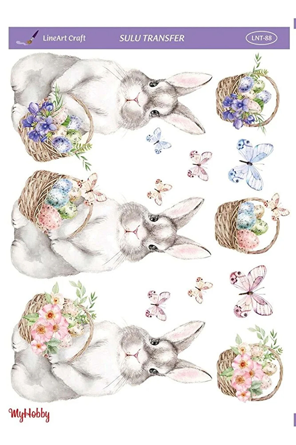 Tavşan, Kelebek, Happy Easter, Paskalya, Yumurta Desenli Sulu Transfer Lnt-88 25x35