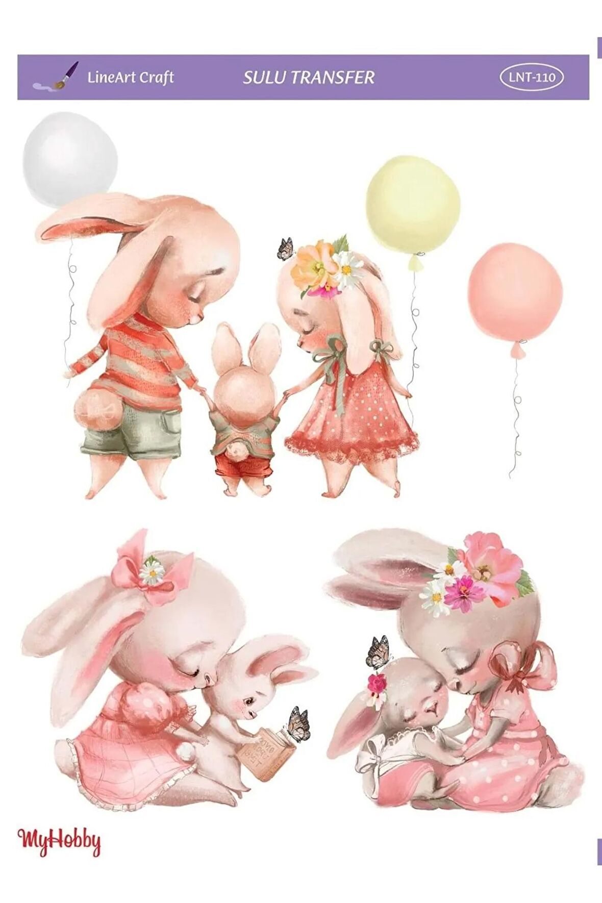 Pembe, Tavşan Ailesi, Easter, Paskalya Sulu Transfer Lnt-110 25x35