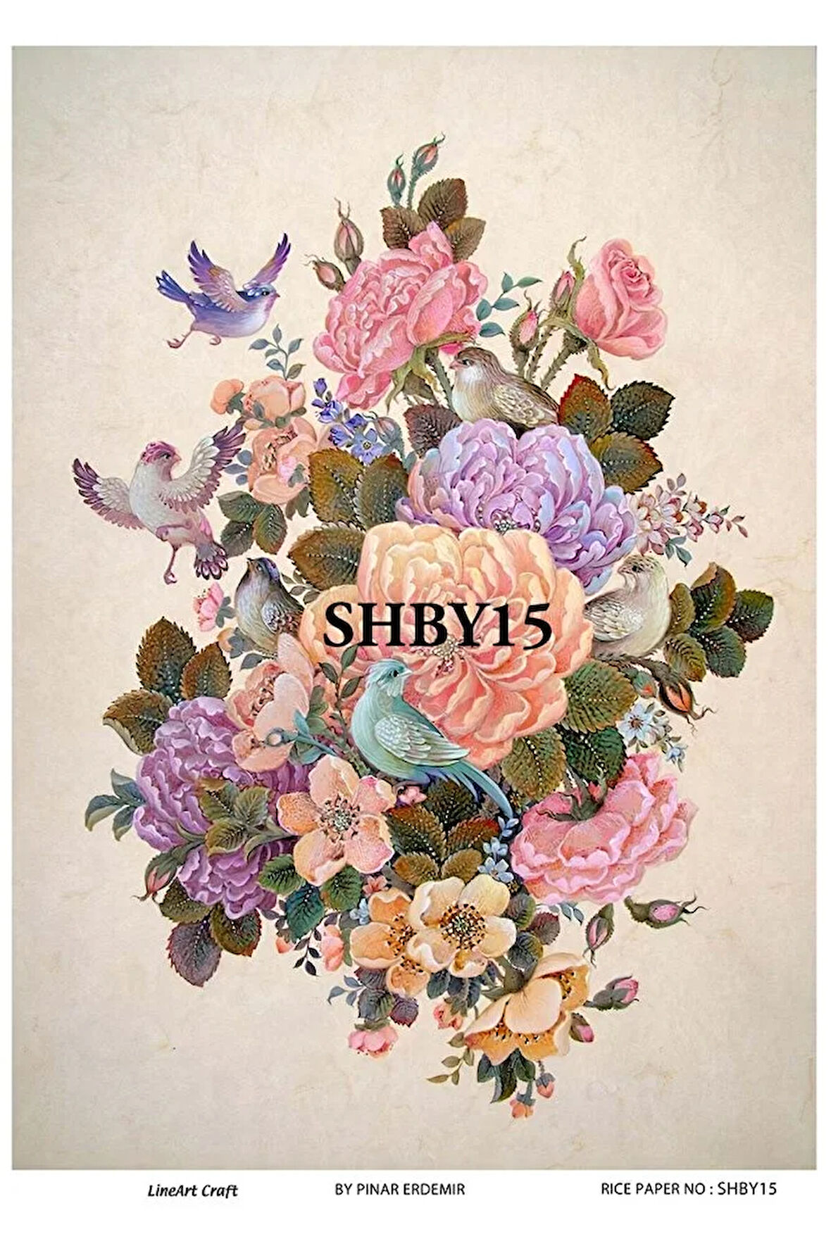 Shby15 Shabby Chic, Kuş, Çiçek, Güller Pirinç Dekopaj 30x42