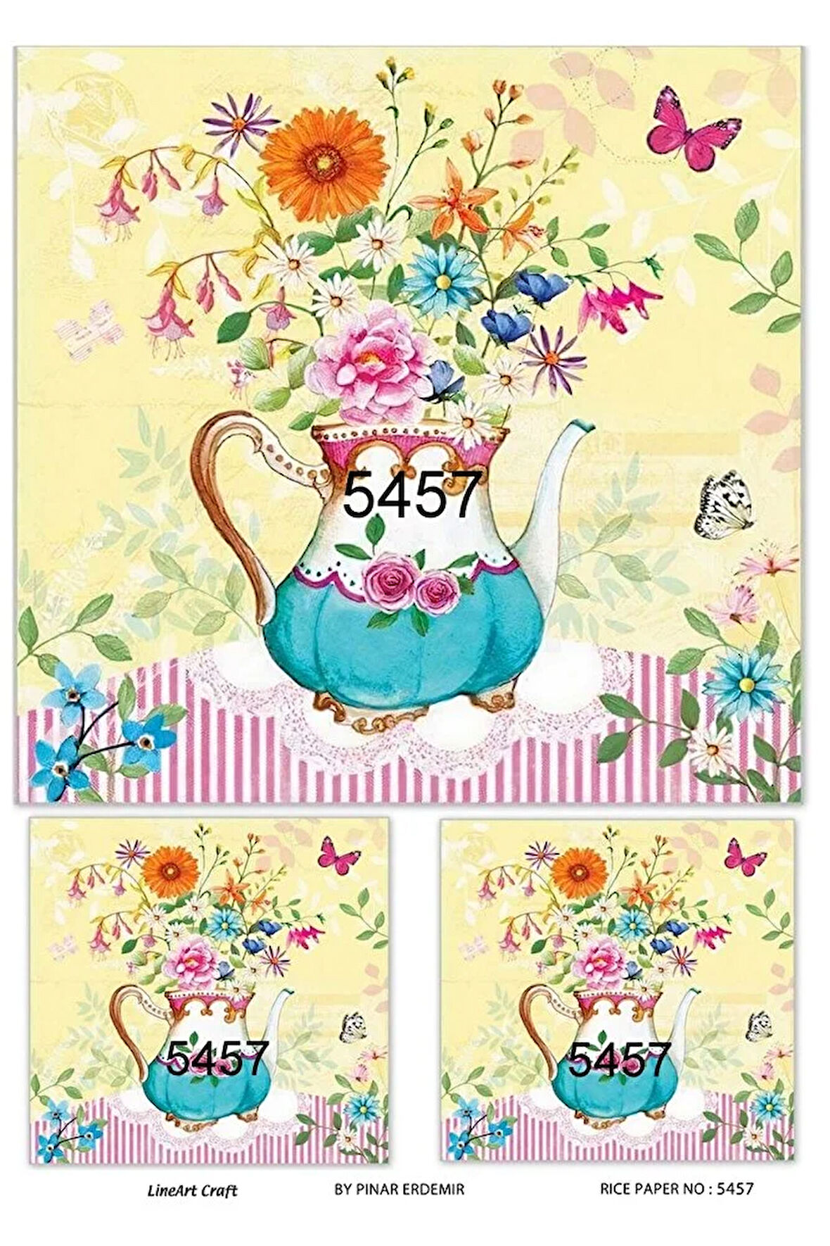 5457 Seramik, Çaydanlıkta Çiçekler Desen Pirinç Dekopaj 30x42