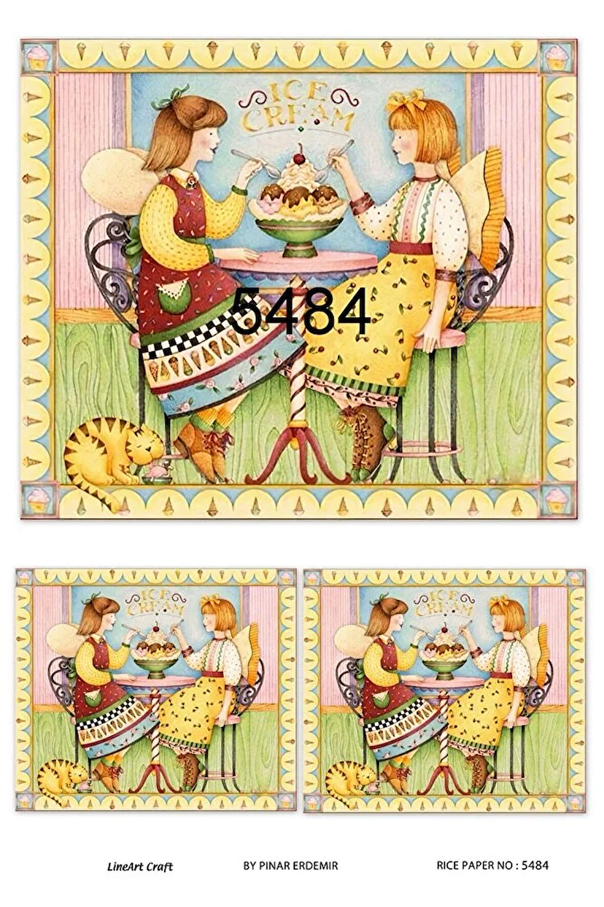 5484 Ice Cream, Dondurma Yiyen Kızlar, Pastane Desen Pirinç Dekopaj 30x42
