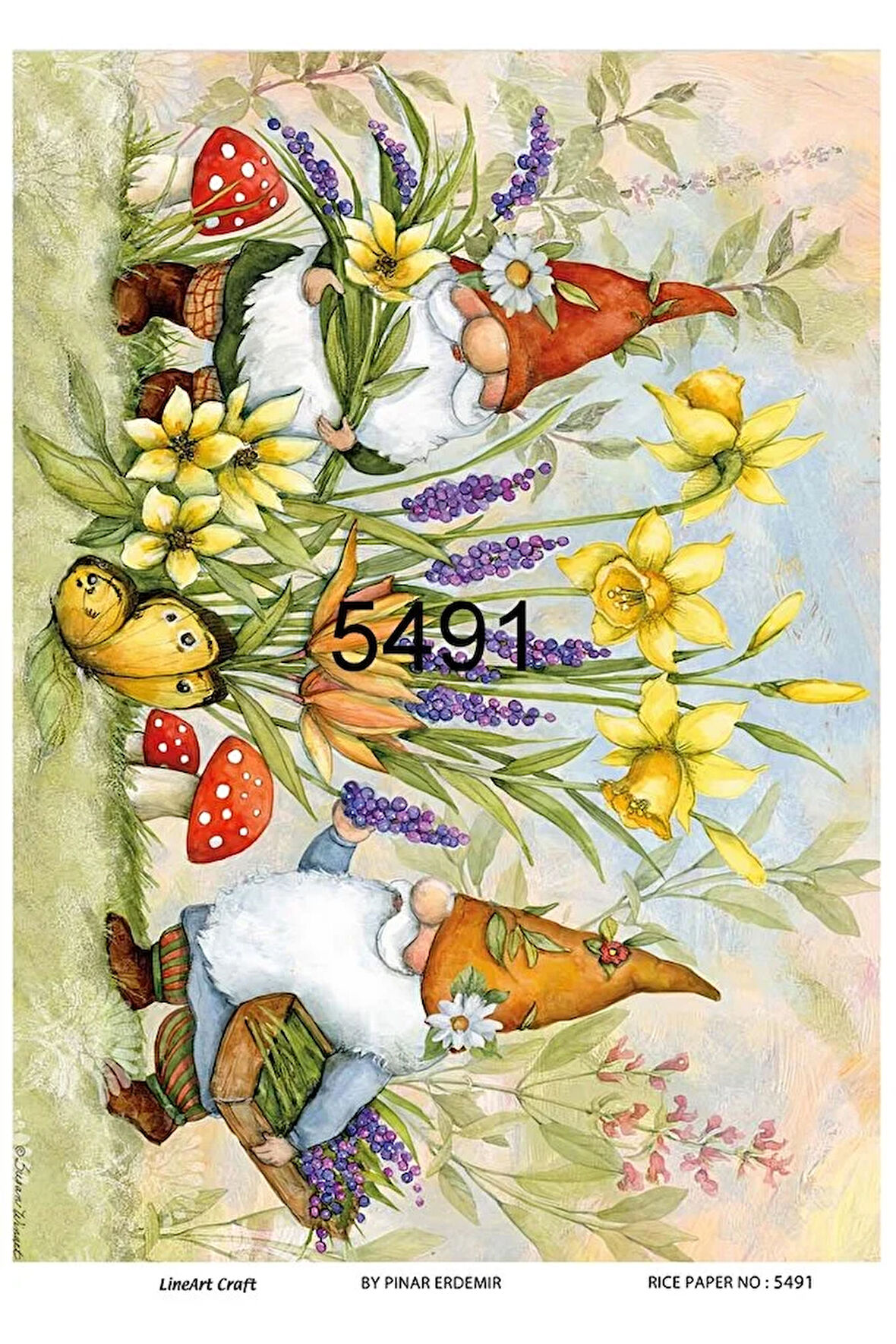 5491 Gnome, Sakallı Cüce, Mantar, Çiçek Desen Pirinç Dekopaj 30x42