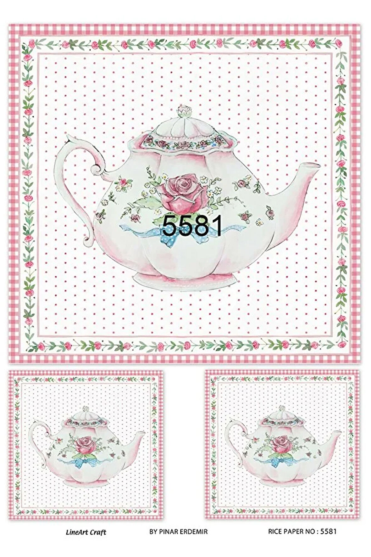 5581 Pembe, Çaydanlık Desenli Pirinç Dekopaj 30x42