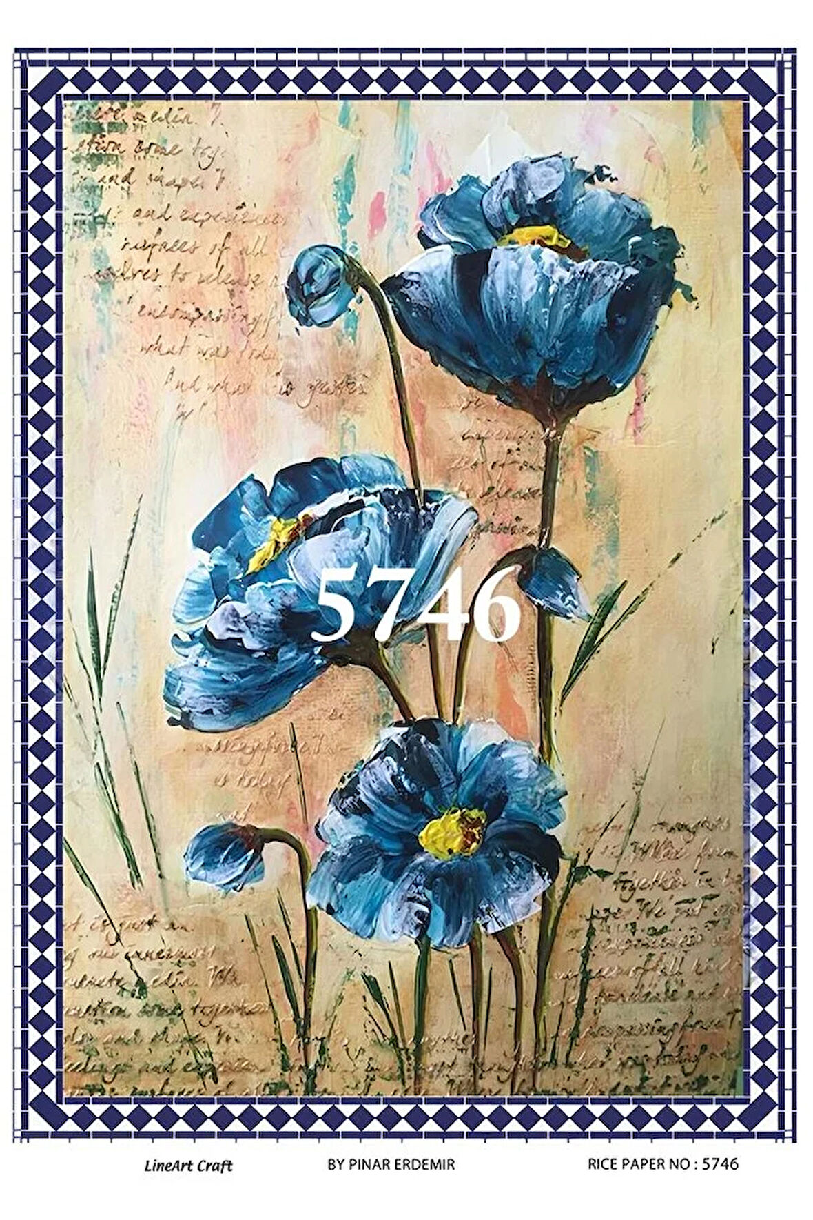 5746 Mavi, Çiçek Desenli Pirinç Dekopaj 30x42