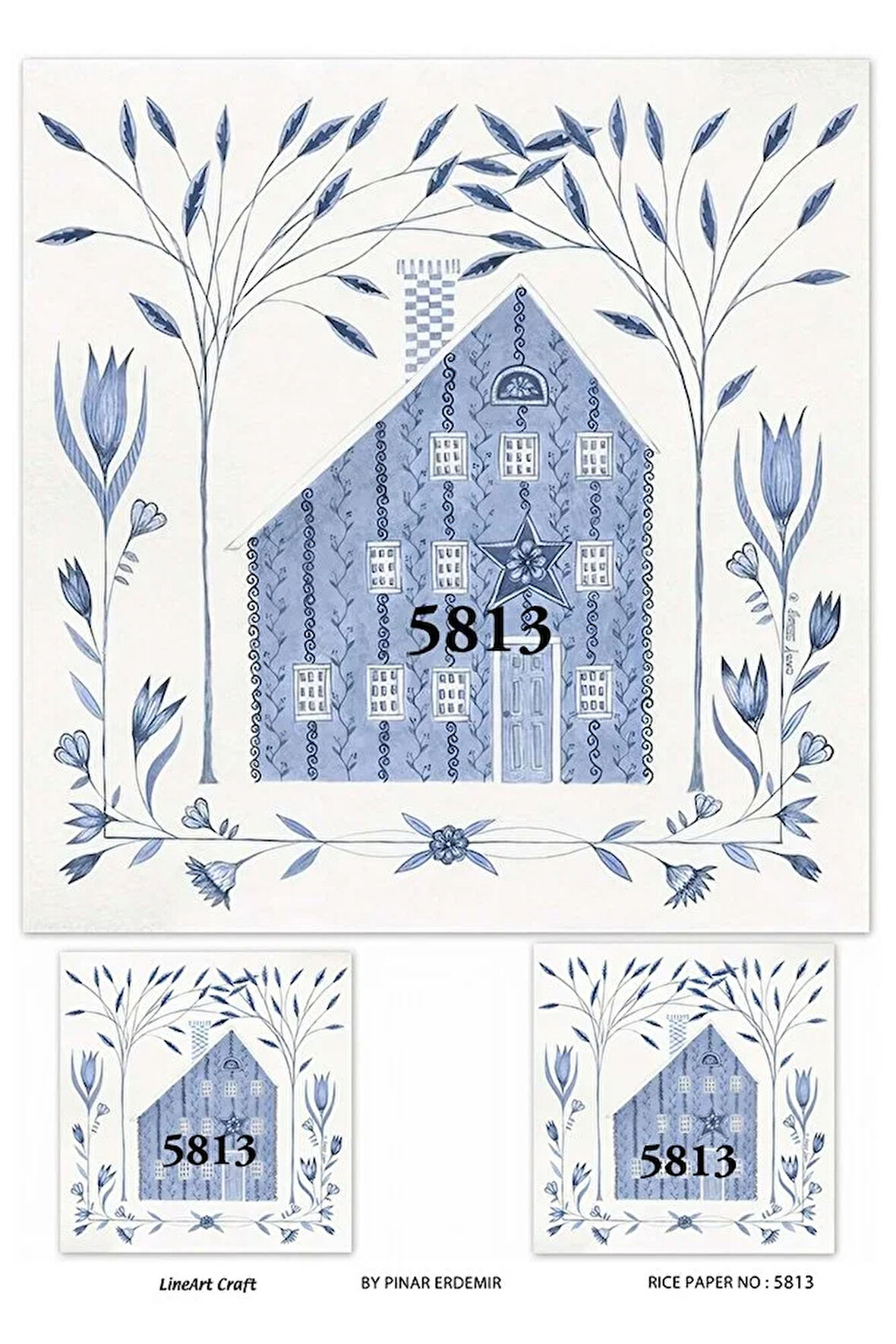 5813 Mavi, Rus Rüyası, Ev Desenli Pirinç Dekopaj 30x42