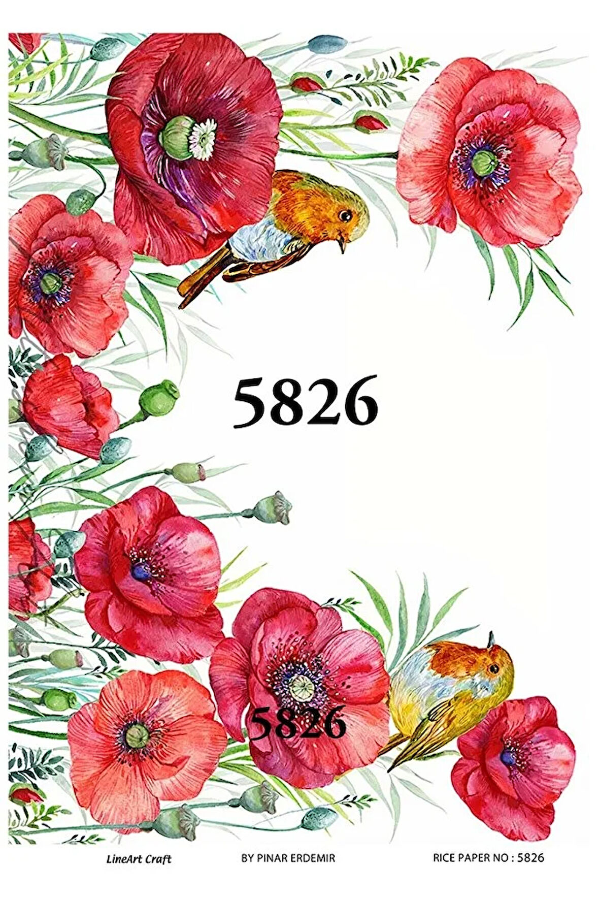 5826 Kırmızı, Gelincik, Kuş Desenli Pirinç Dekopaj 30x42