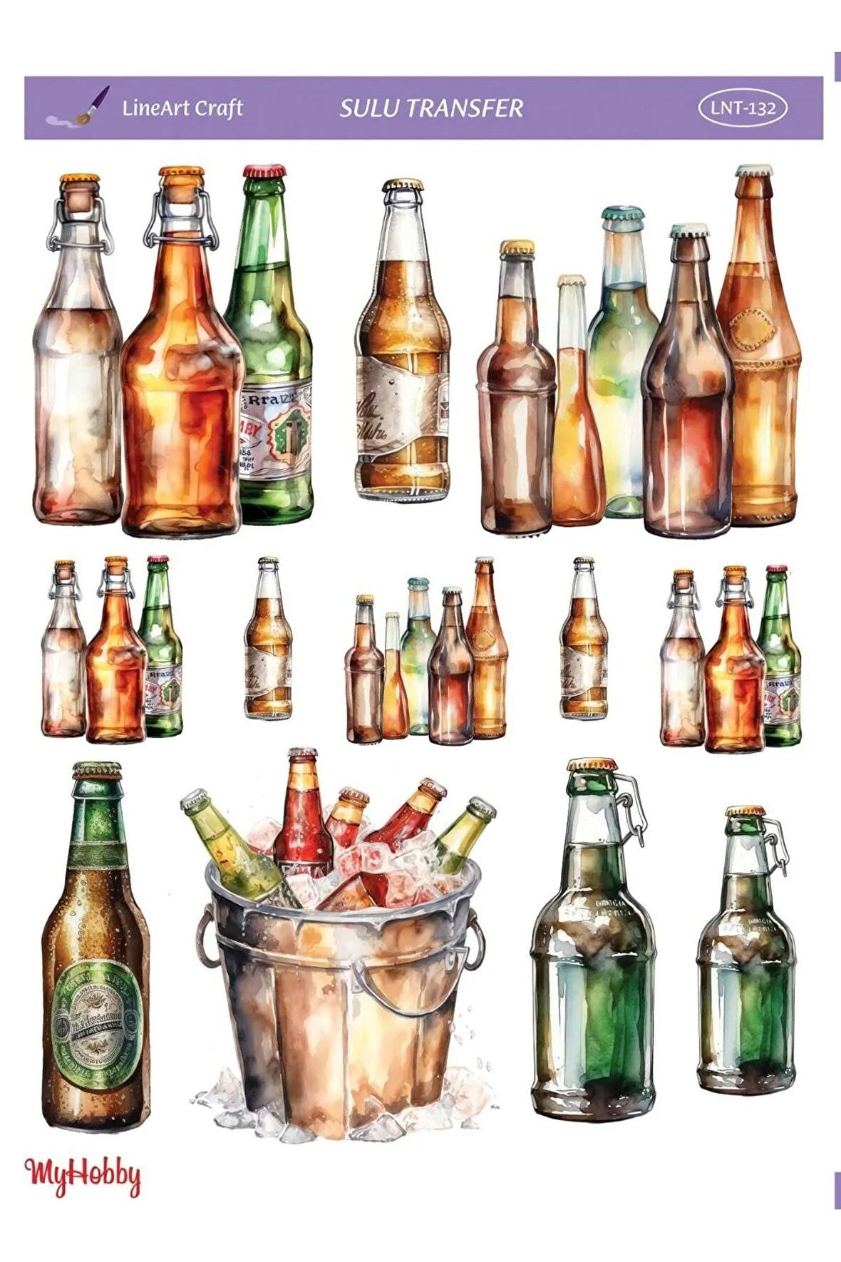 Renkli Şişeler, İçecek Desenli Sulu Transfer LNT-132 25x35