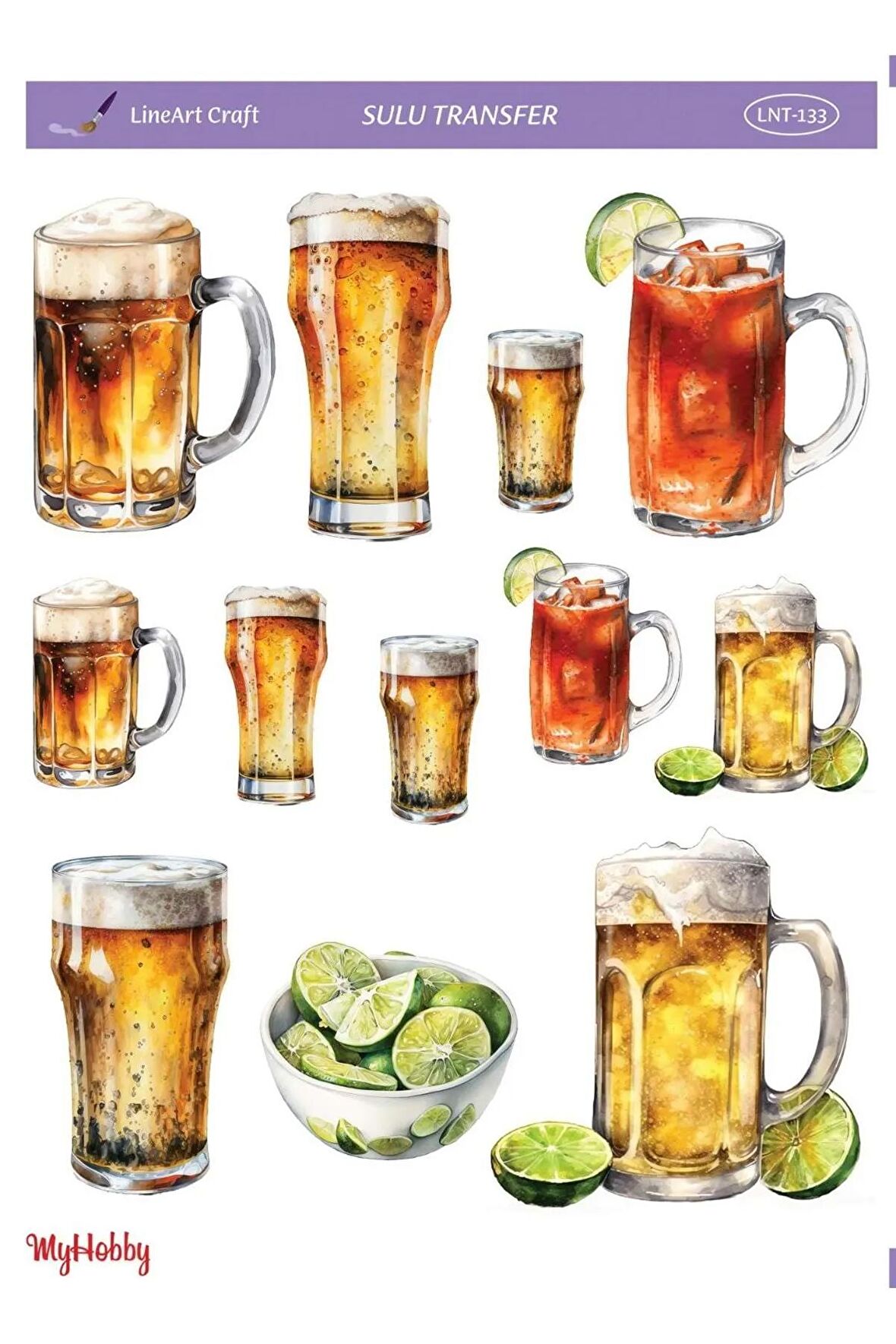 Renkli Bardaklar, İçecek Desenli Sulu Transfer LNT-133 25x35