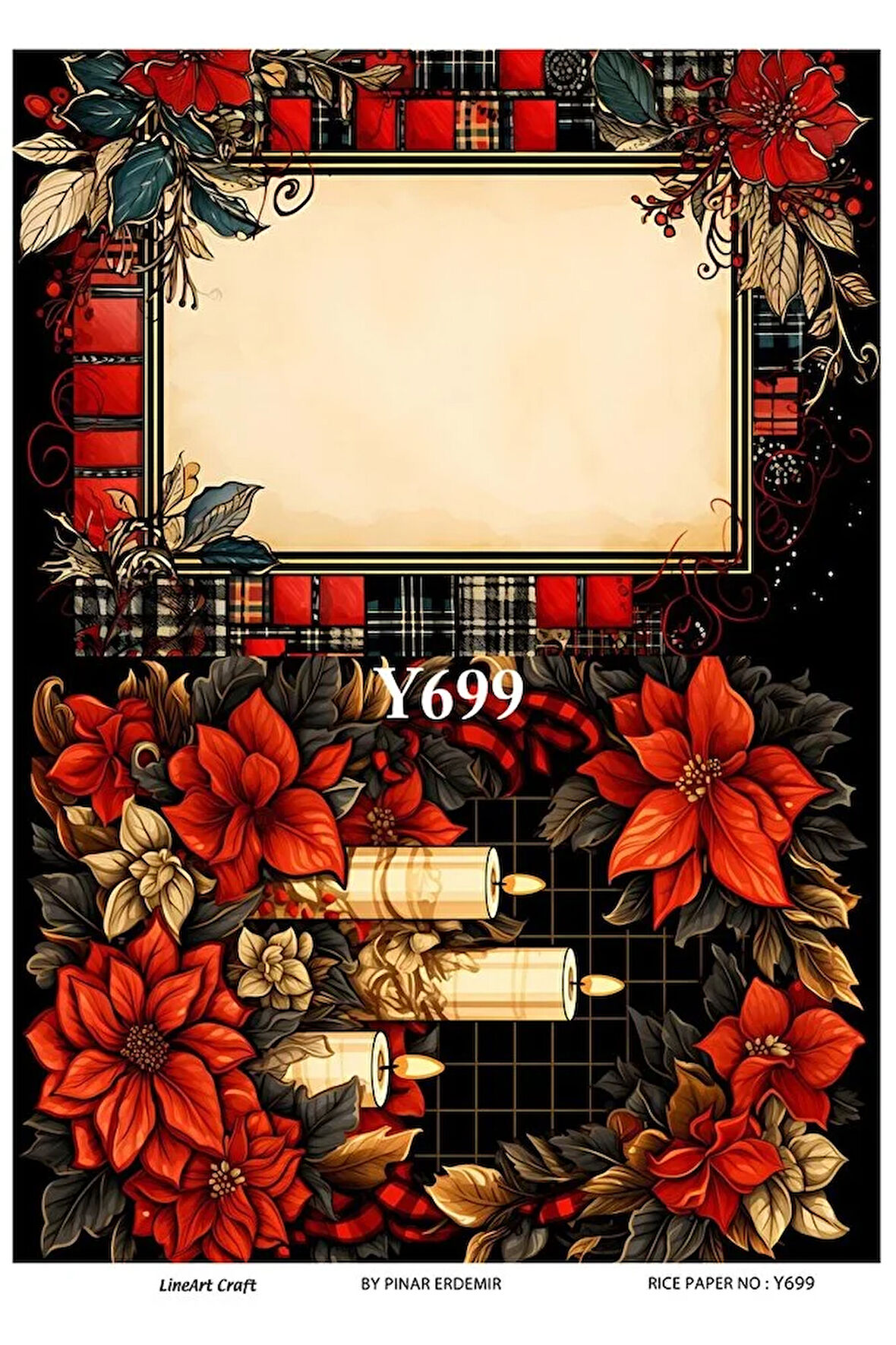 Y699 Yeniyıl, Mum, Kırmızı Desenli Pirinç Dekopaj 30x42