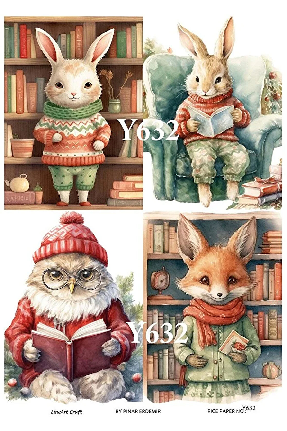 Y632 Kış, Hayvanlar, Baykuş, Tavşan Desenli Pirinç Dekopaj 30x42