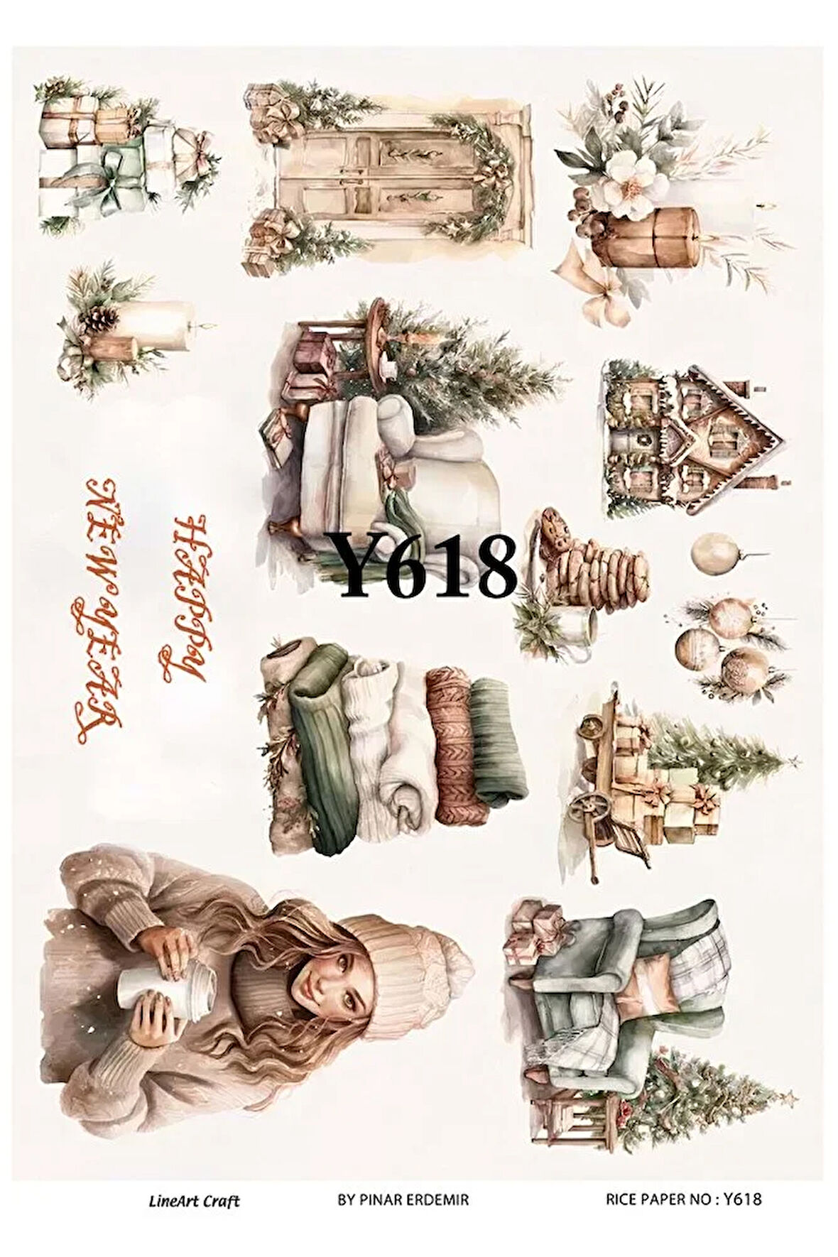 Y618 Yeniyıl, Kolaj, Kış Temalı Pirinç Dekopaj 30x42