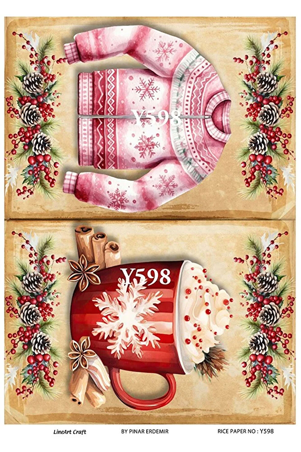 Y598 Kış, Fincan İçecek Desenli Pirinç Dekopaj 30x42